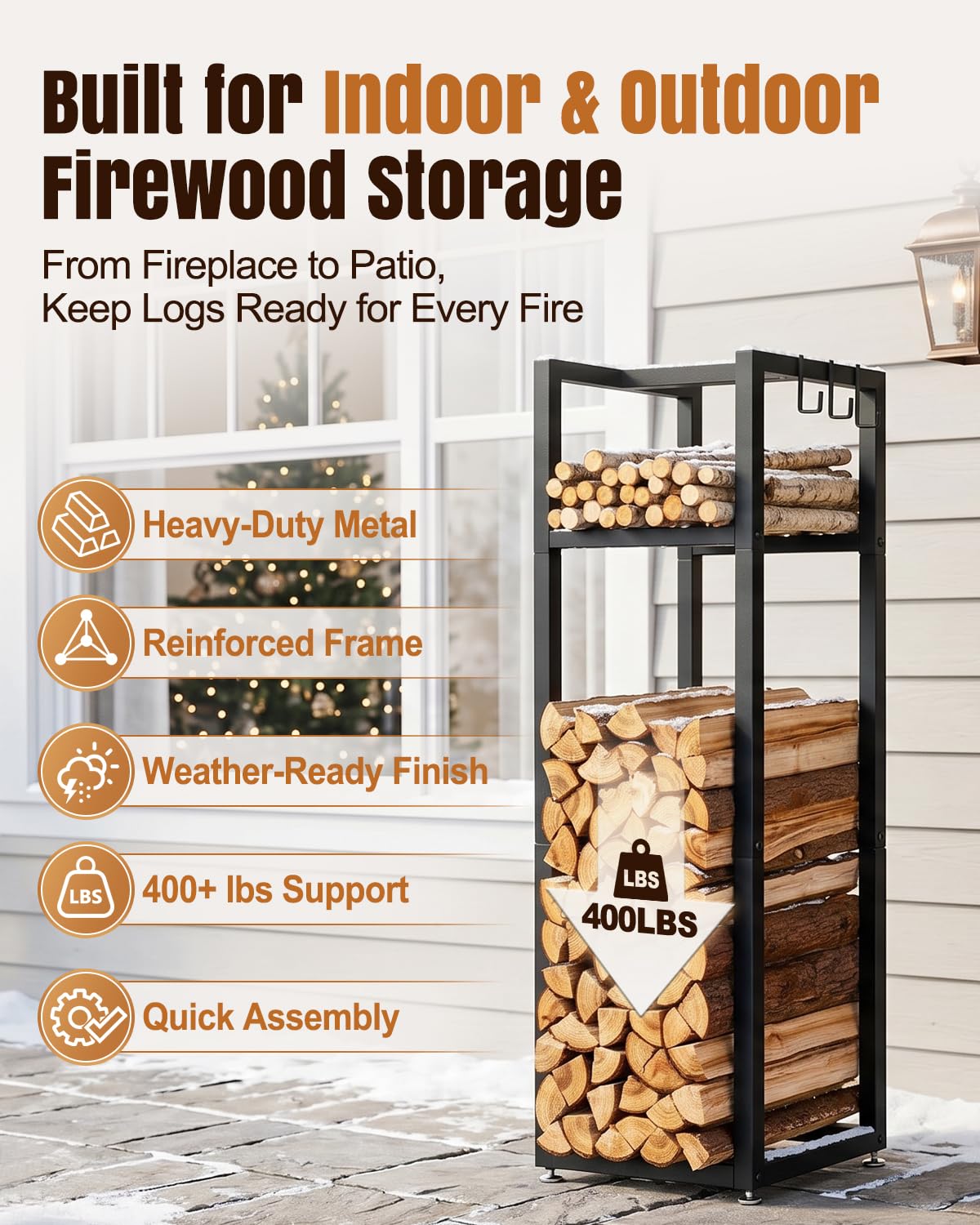 LUSHZOO Firewood Rack outdoor setup next to a fire pit