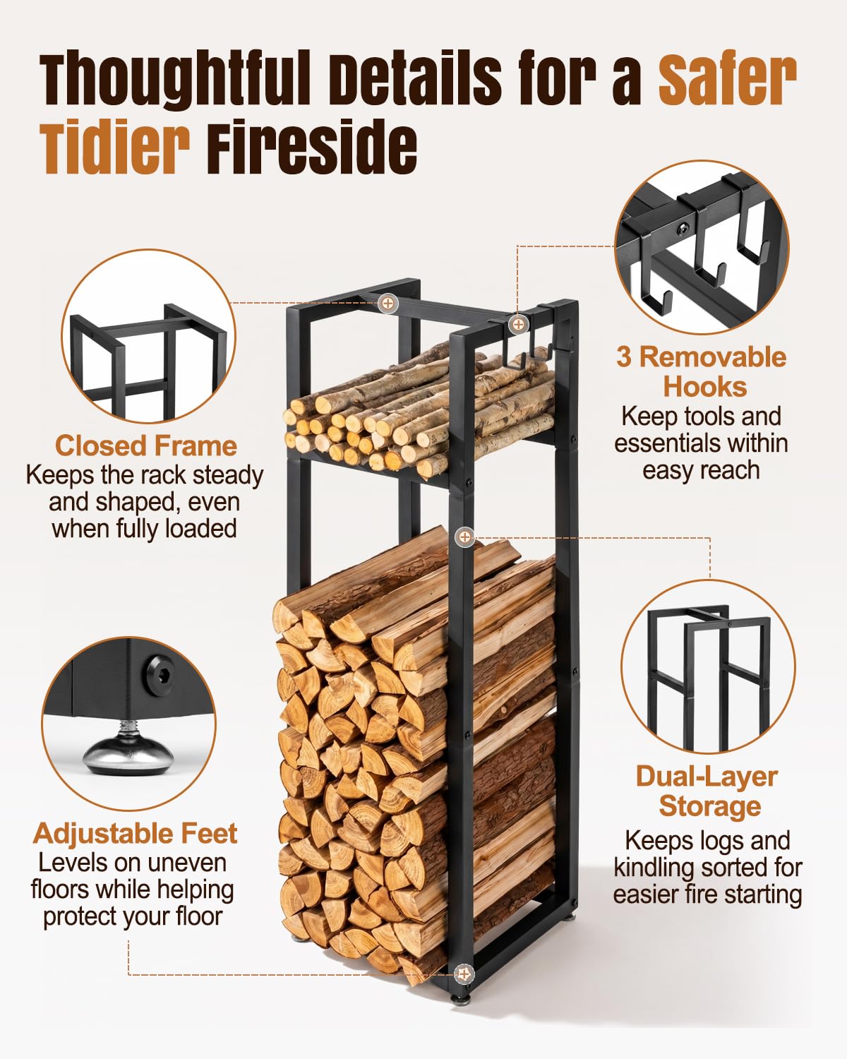 LUSHZOO Firewood Rack with adjustable feet for stability