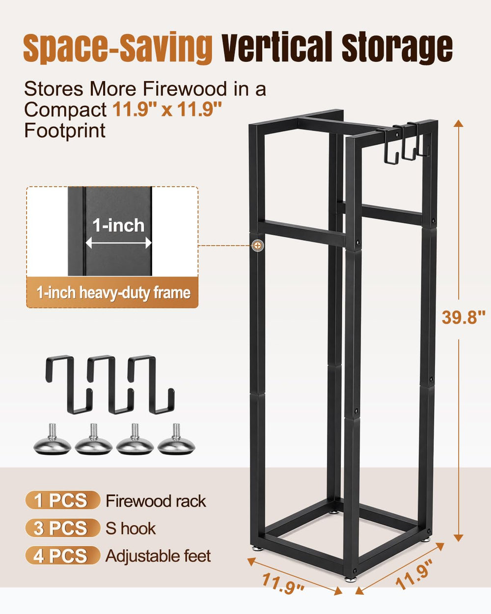 LUSHZOO Firewood Rack with removable hooks for accessories
