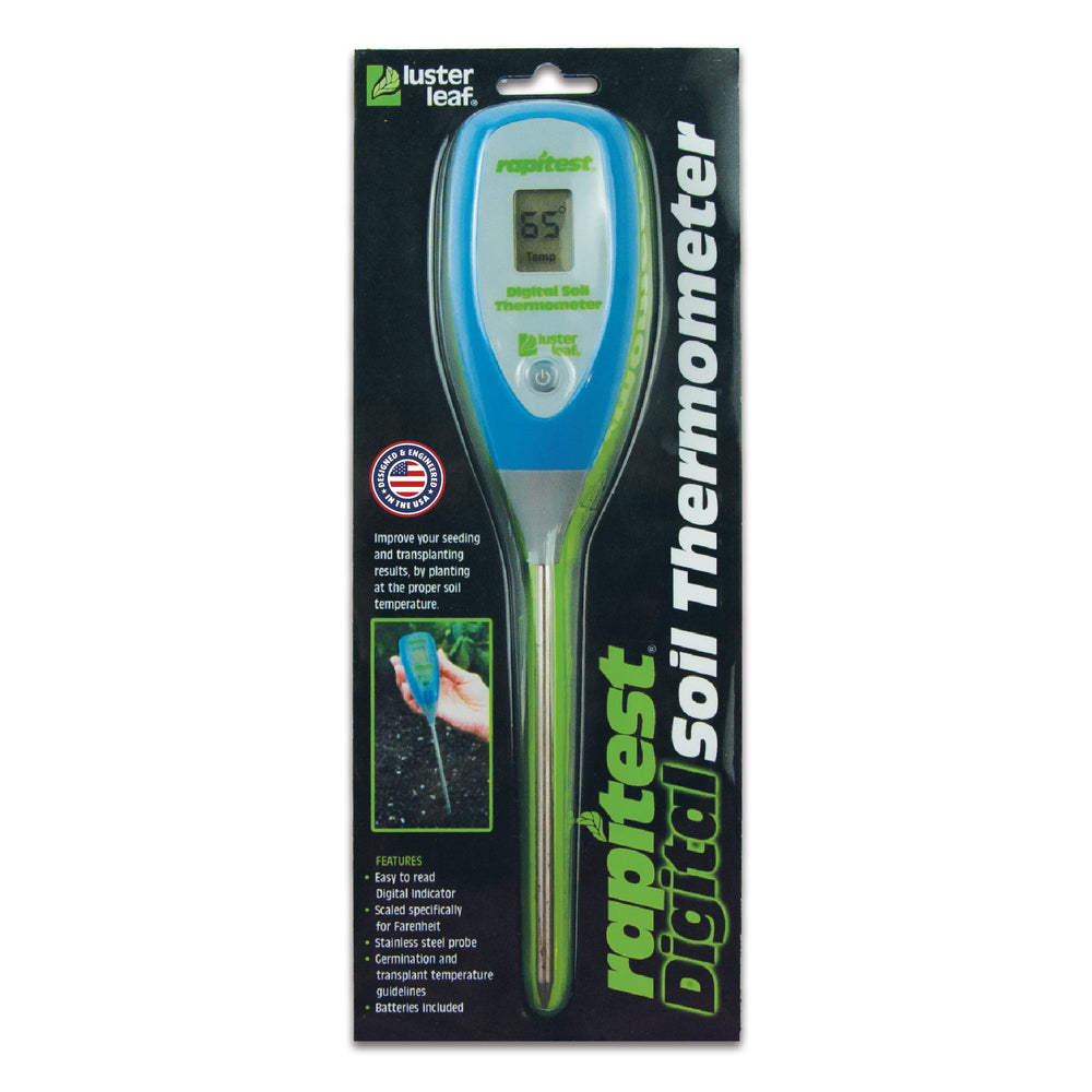 Luster Leaf Digital Soil Thermometer front view, multi-colour design
