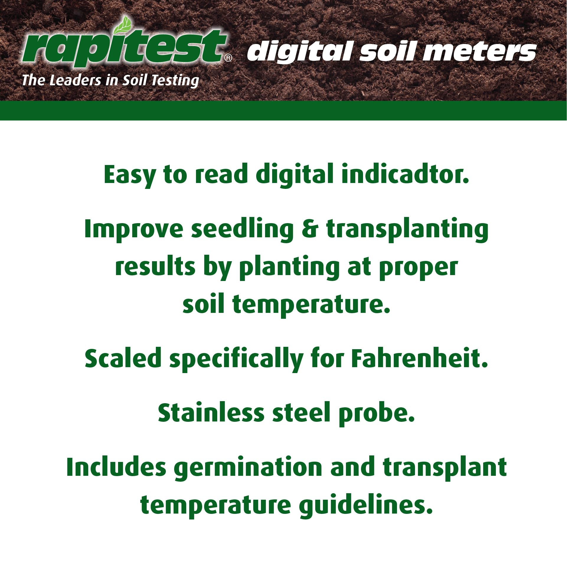 Luster Leaf Digital Soil Thermometer in garden soil, measuring temperature
