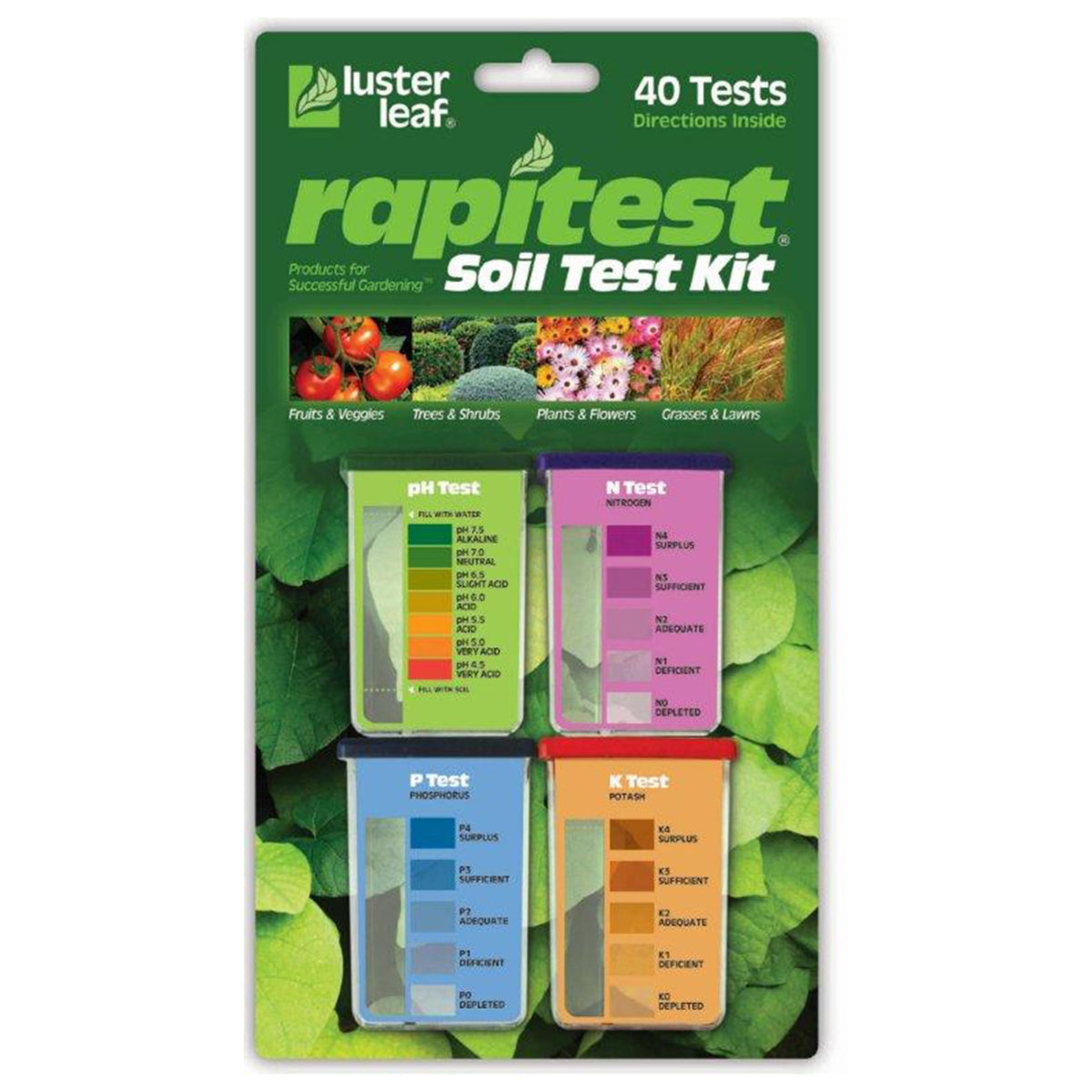 Luster Leaf Soil Test Kit front view with 40 test capsules