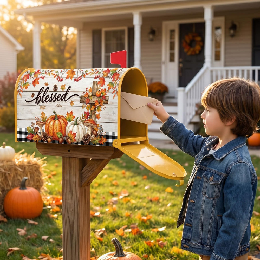 Luvsweets Fall Mailbox Cover package showing dimensions