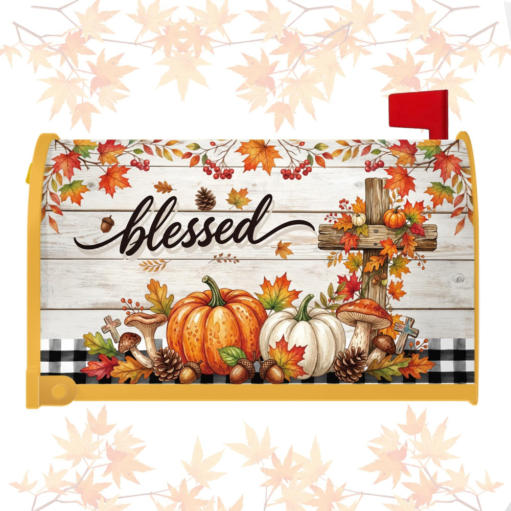 Luvsweets Fall Mailbox Cover with watercolor pumpkins and blessed cross design