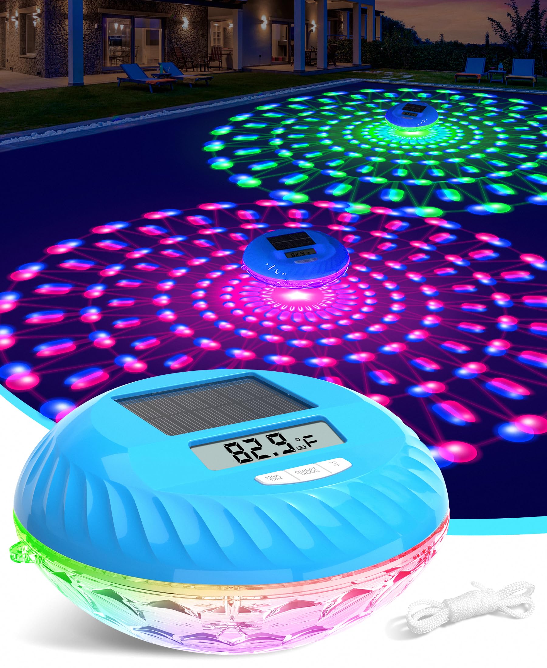 LuxBlue Floating Solar Pool Thermometer front view with dynamic lighting