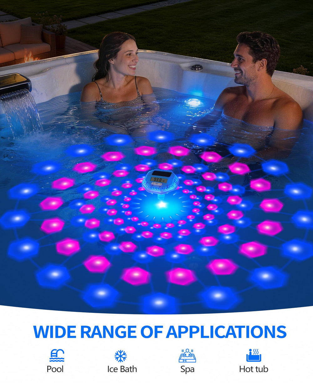 LuxBlue Floating Solar Pool Thermometer in a garden setting