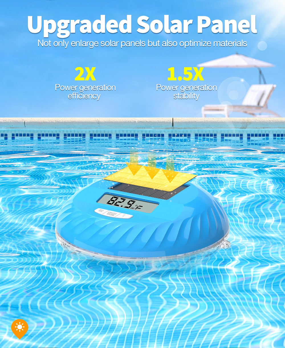 LuxBlue Floating Solar Pool Thermometer in pool water with lights