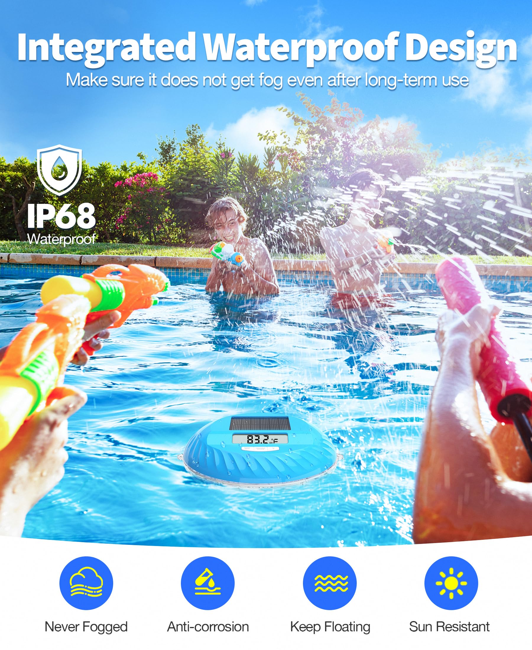 LuxBlue Floating Solar Pool Thermometer packaging on display