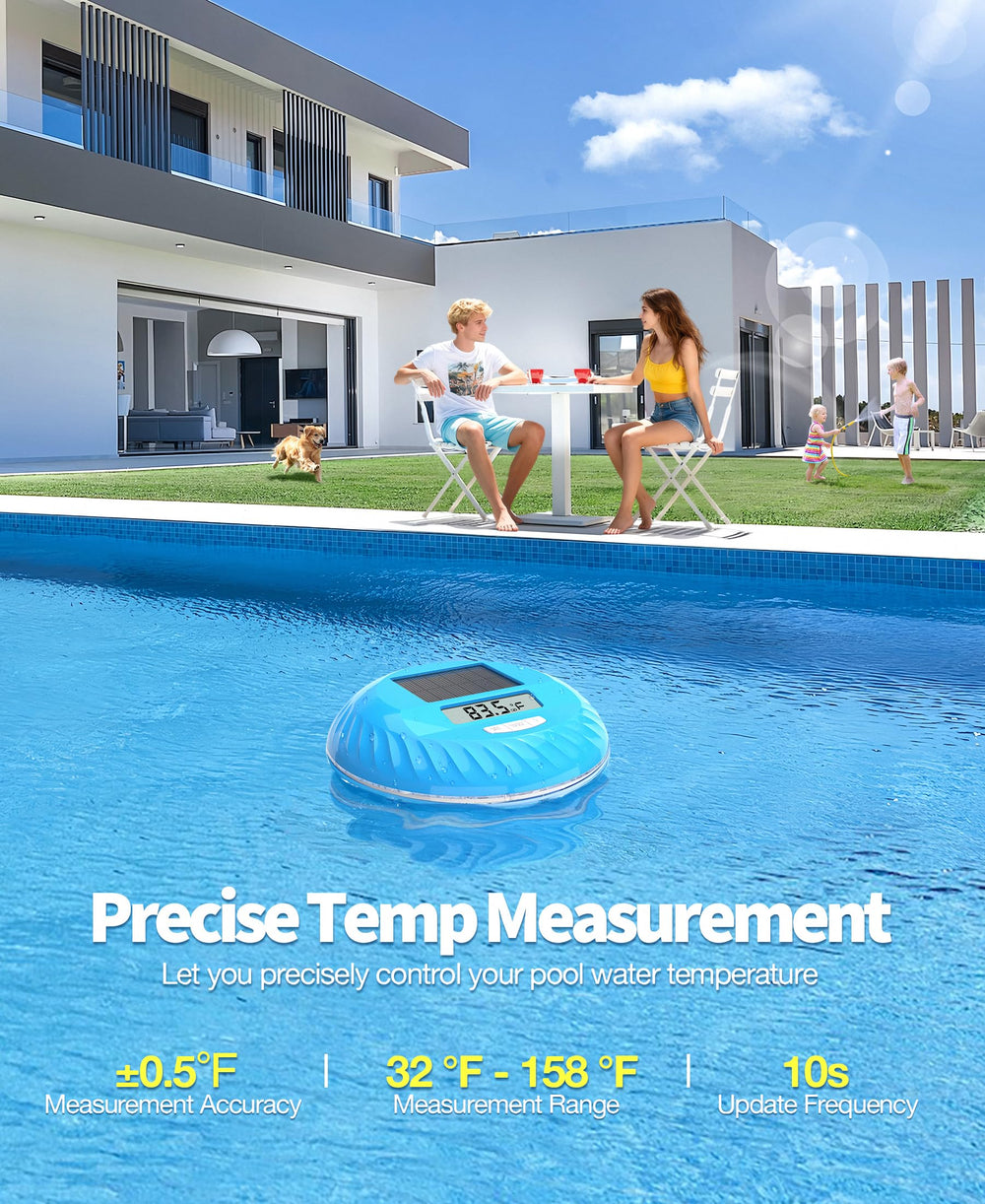 LuxBlue Floating Solar Pool Thermometer with dynamic lighting at night