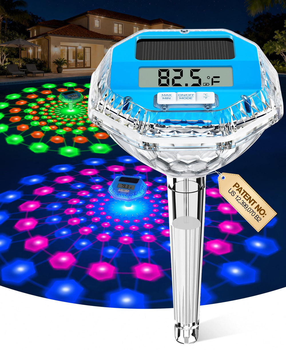 LuxBlue Floating Solar Pool Thermometer with light show in pool
