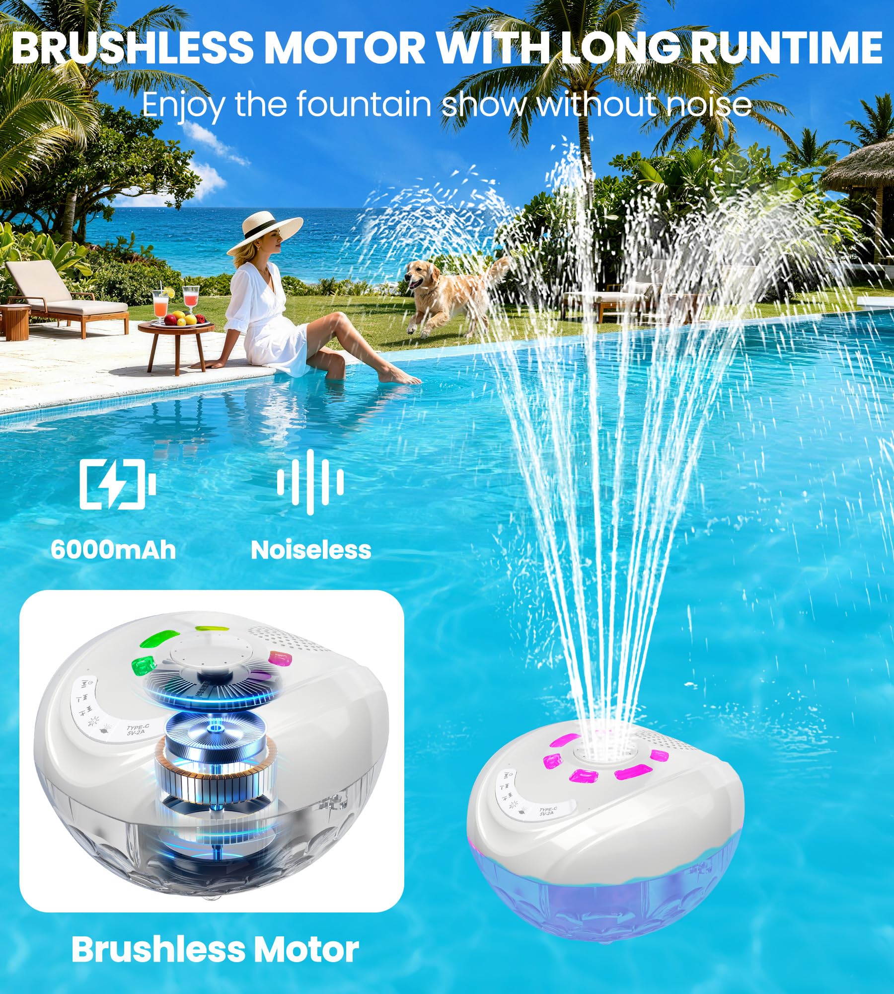 Luxfero Floating Pool Fountain in action with water jets