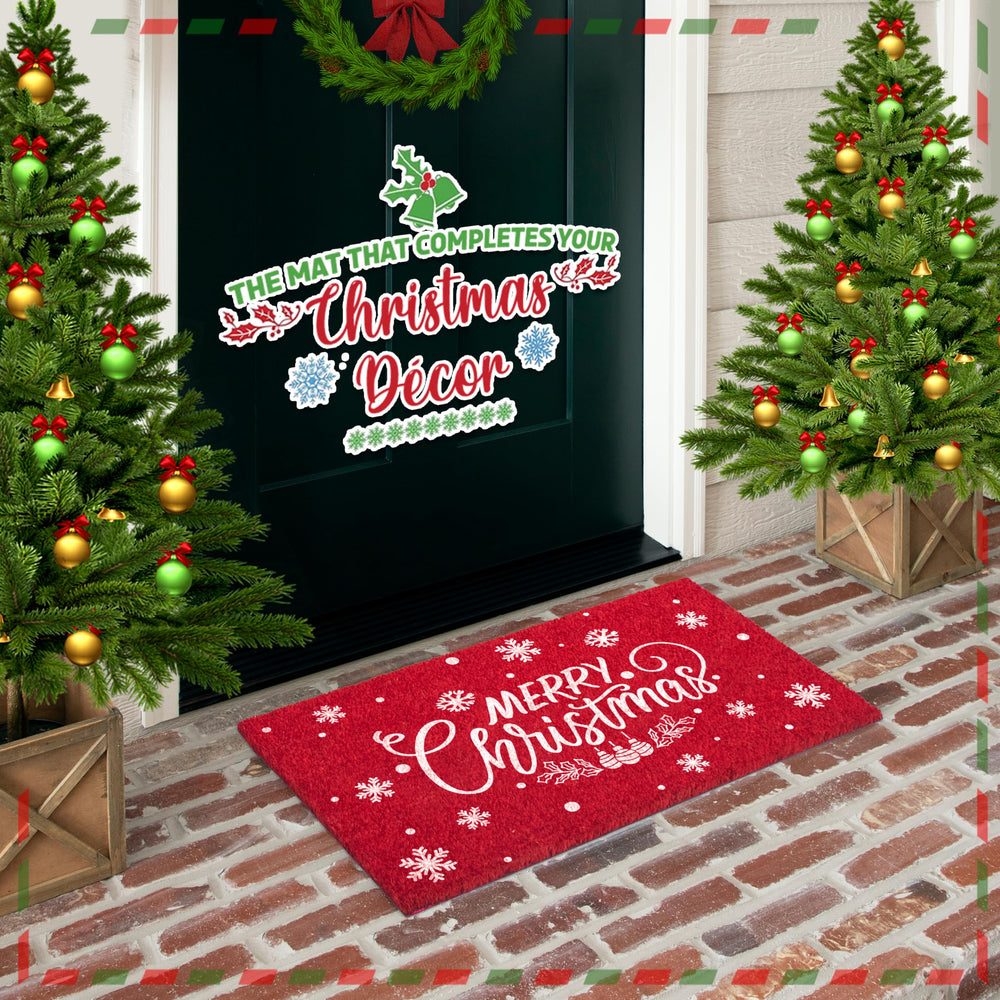 LuxUrux Christmas Door Mat on a porch with holiday decorations