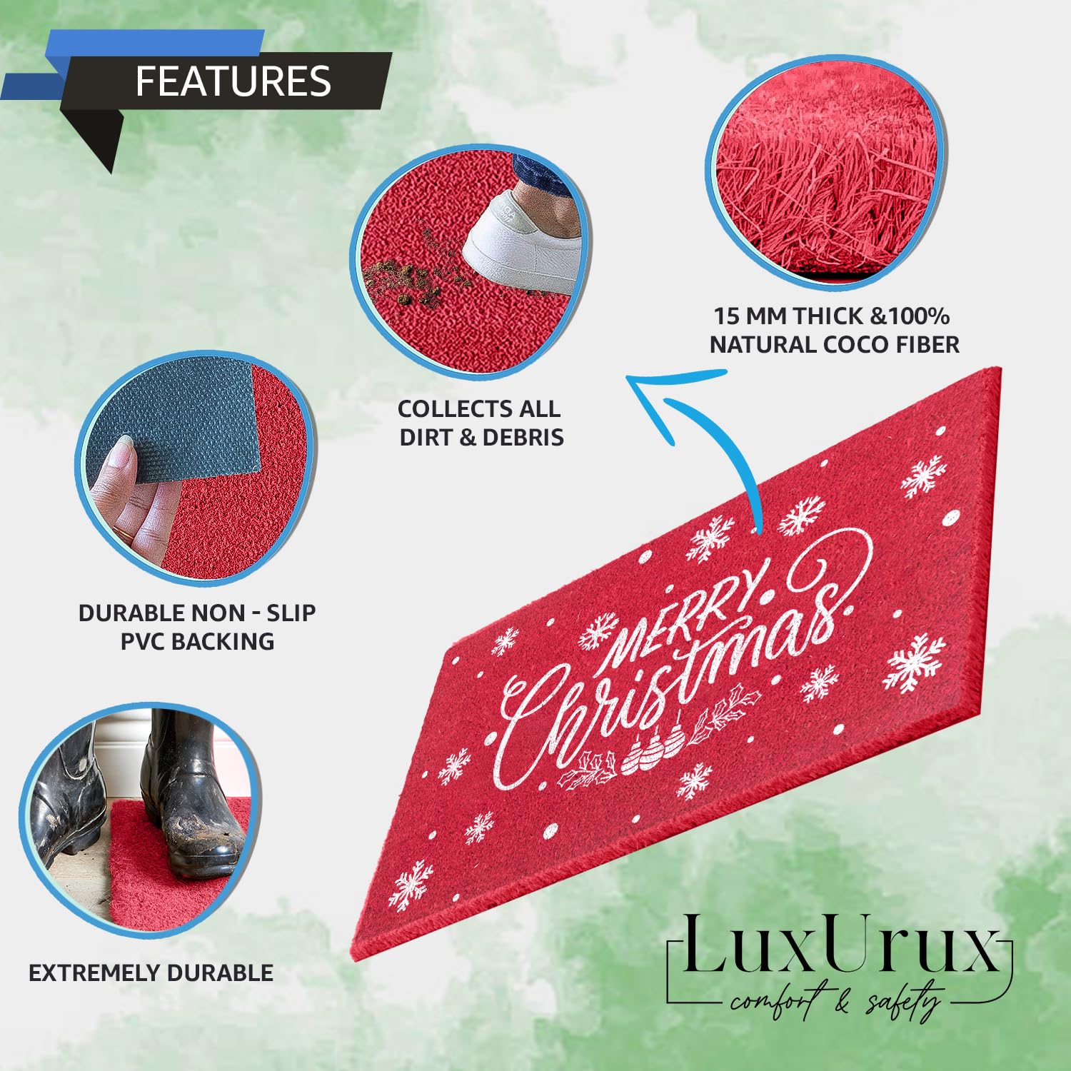 LuxUrux Christmas Door Mat side view showing dimensions