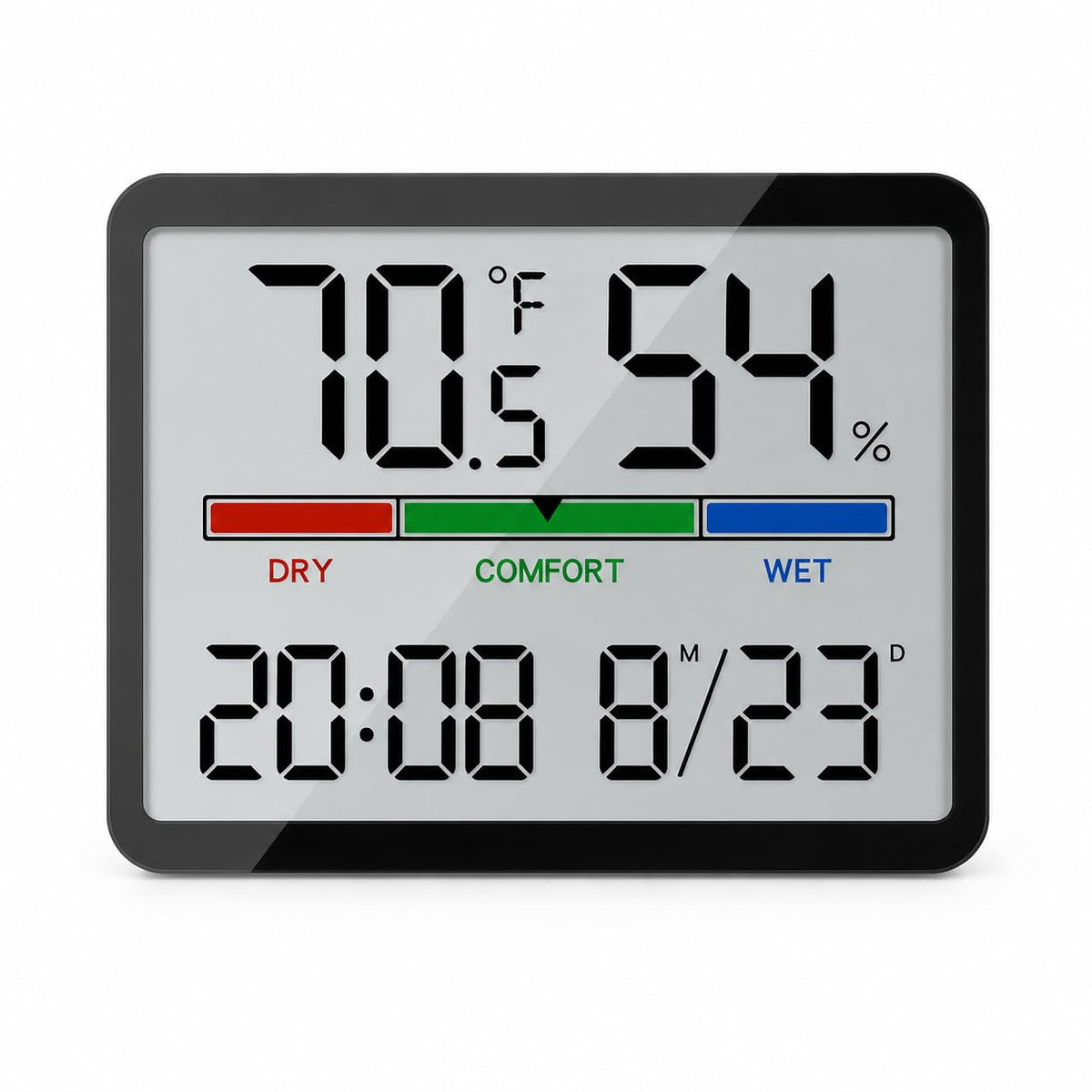 Luzsco Digital Hygrometer front view displaying temperature and humidity