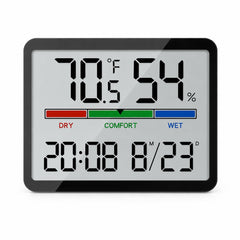 Luzsco Digital Hygrometer front view displaying temperature and humidity