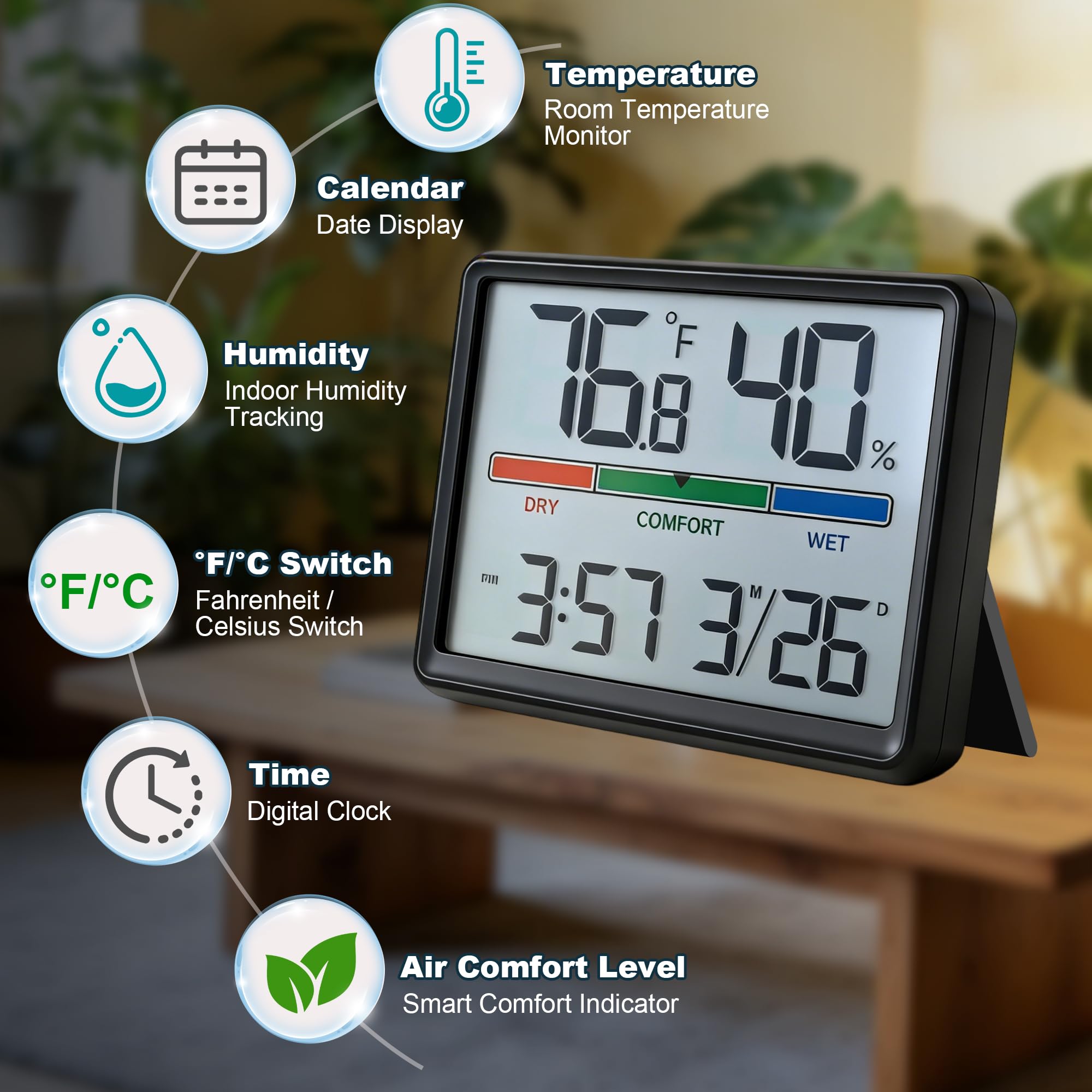 Luzsco Digital Hygrometer placed on a desk