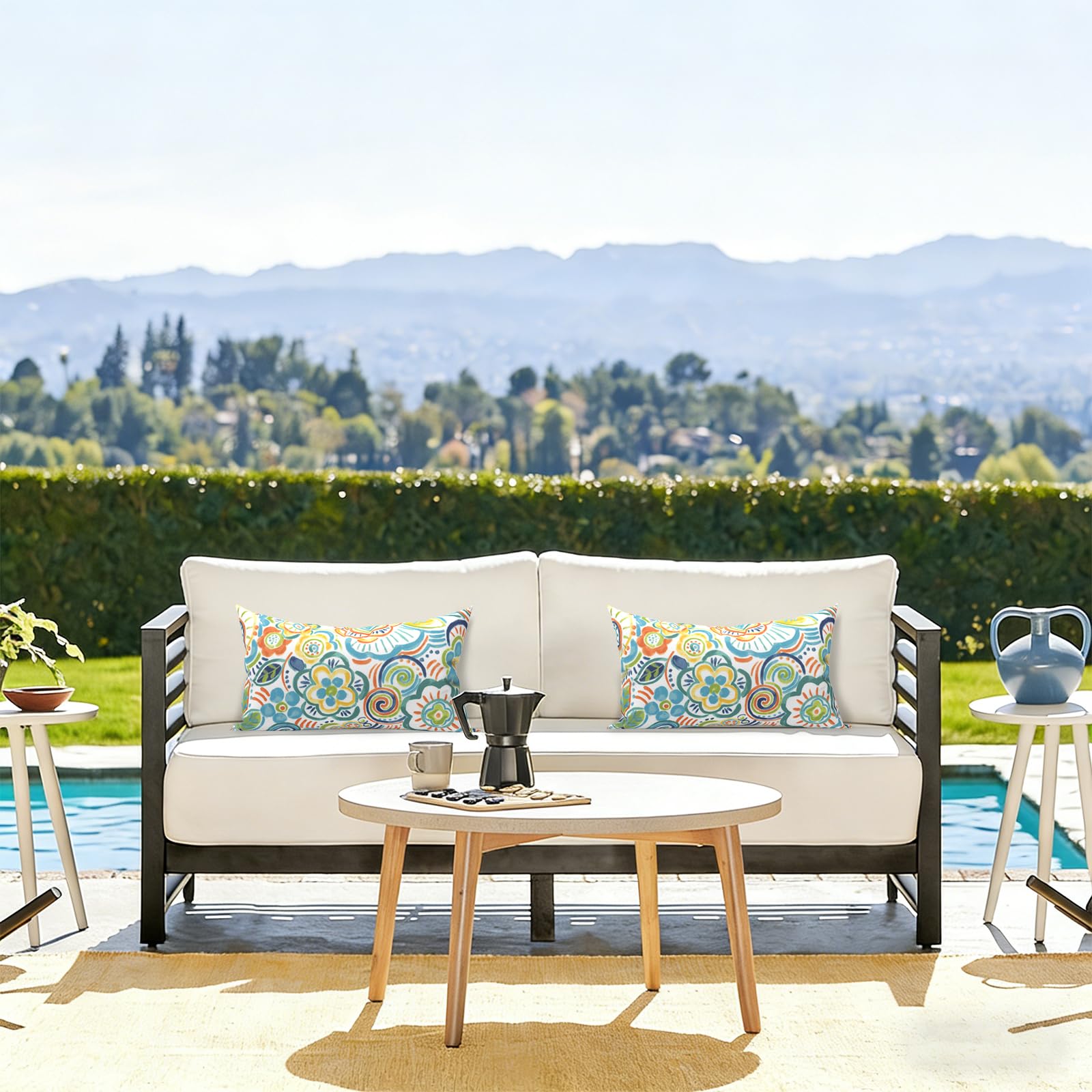 LVTXIII lumbar pillow covers set against a garden backdrop