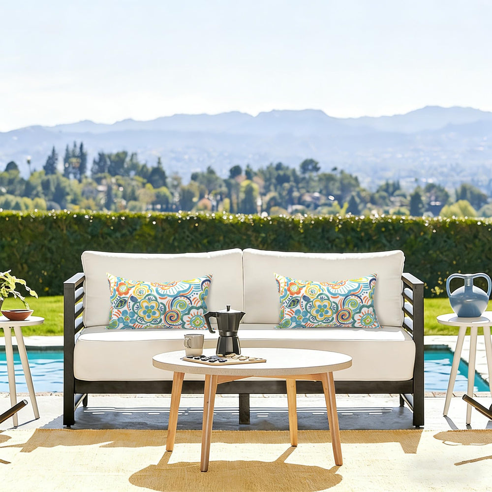 LVTXIII lumbar pillow covers set against a garden backdrop
