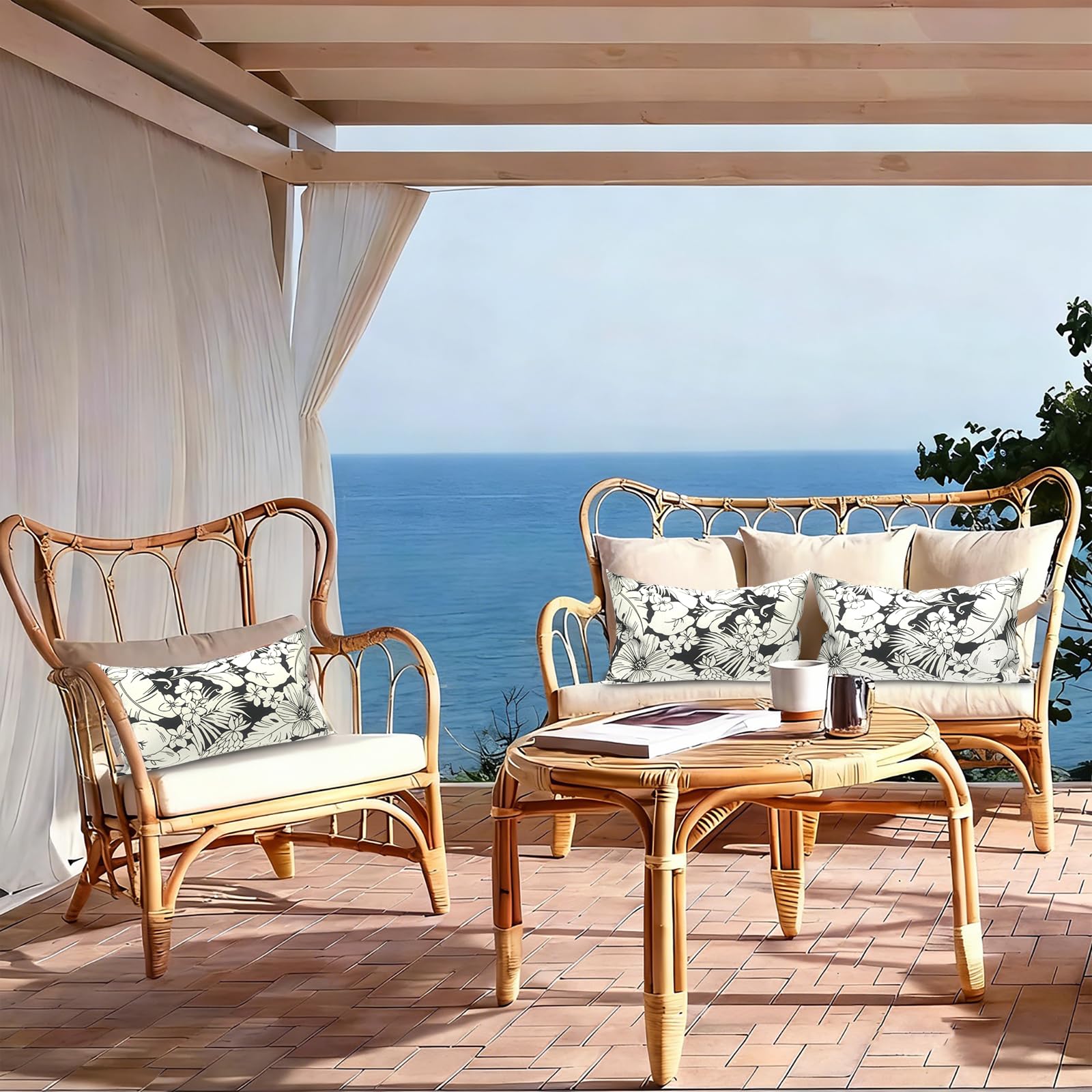 LVTXIII Outdoor Lumbar Pillow alongside indoor sofa