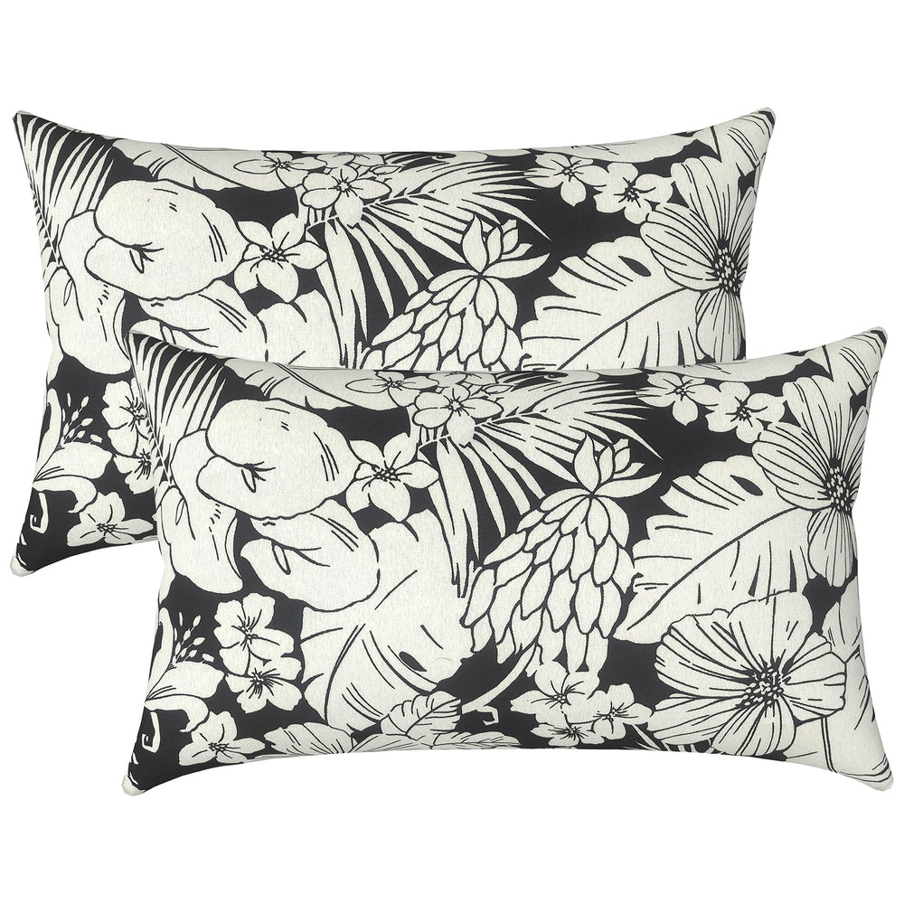 LVTXIII Outdoor Lumbar Pillow Pack of 2, Tropical Blossom Noir, front view