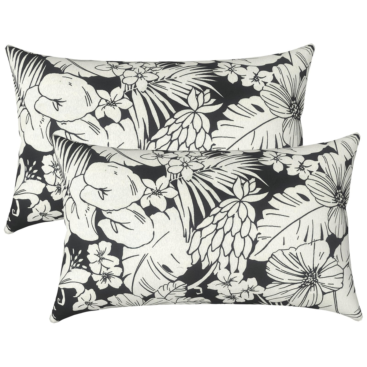 LVTXIII Outdoor Lumbar Pillow Pack of 2, Tropical Blossom Noir, front view