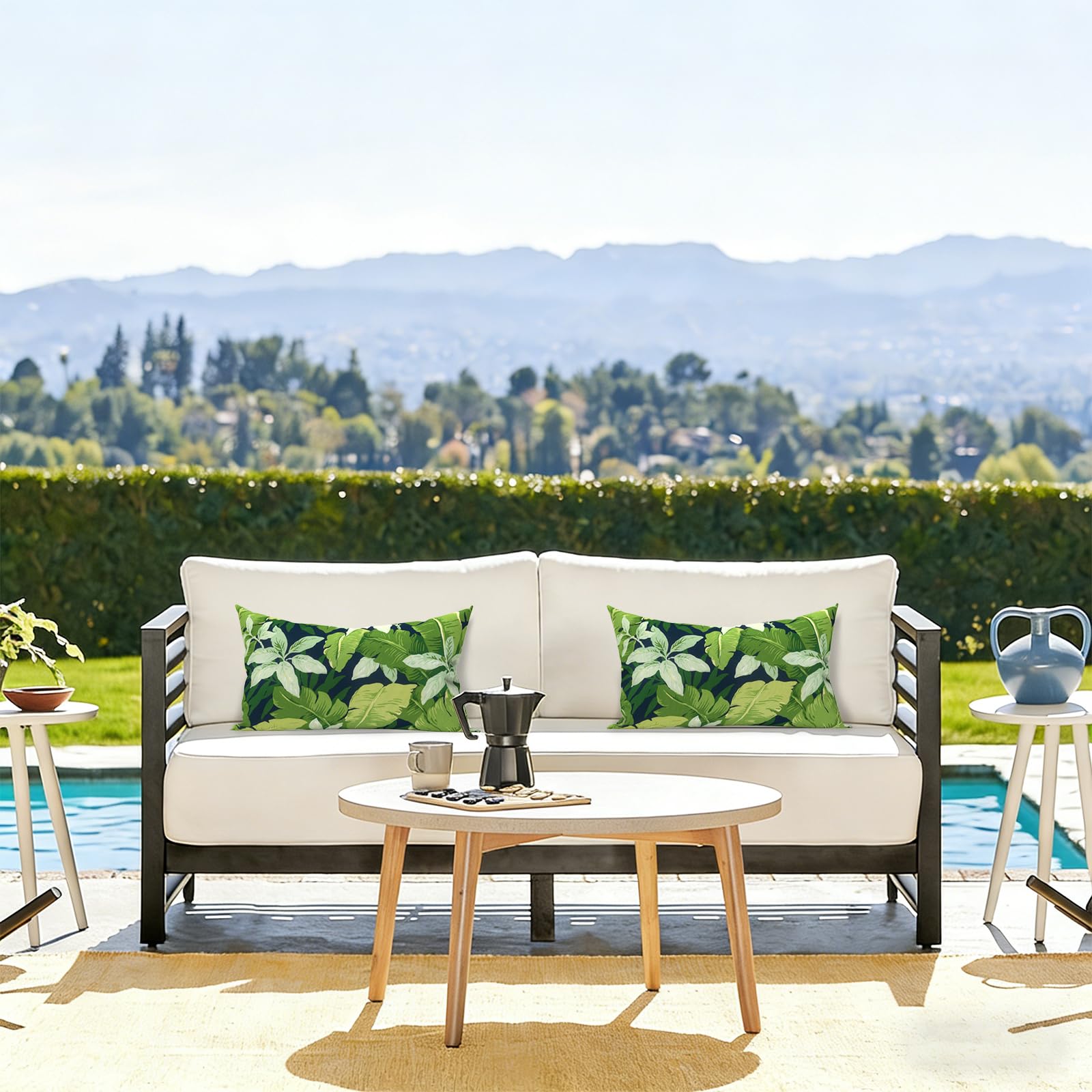 LVTXIII outdoor lumbar pillows displayed on a sofa