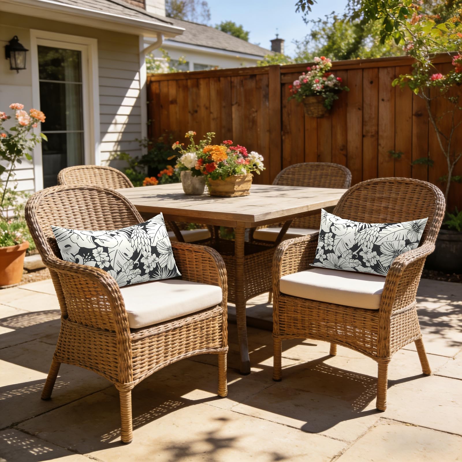 LVTXIII Outdoor Lumbar Pillows displayed on patio furniture