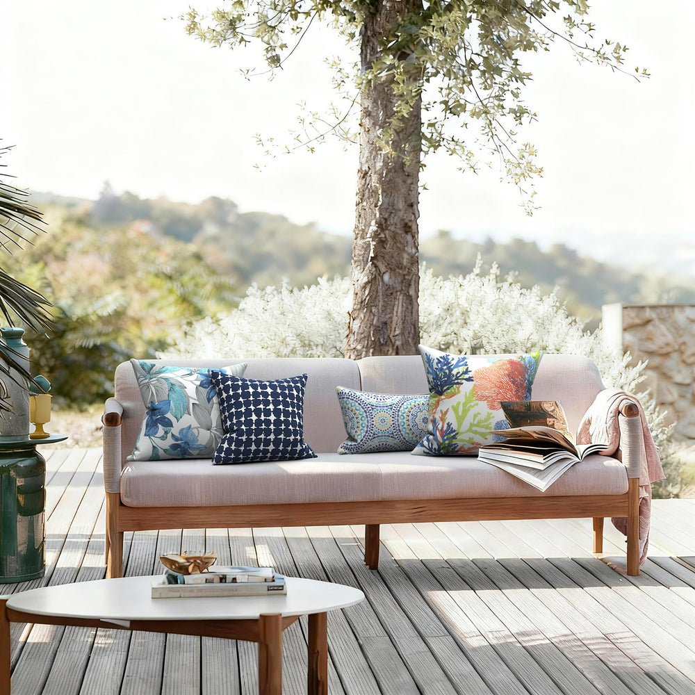 LVTXIII outdoor pillow cover in use on patio furniture