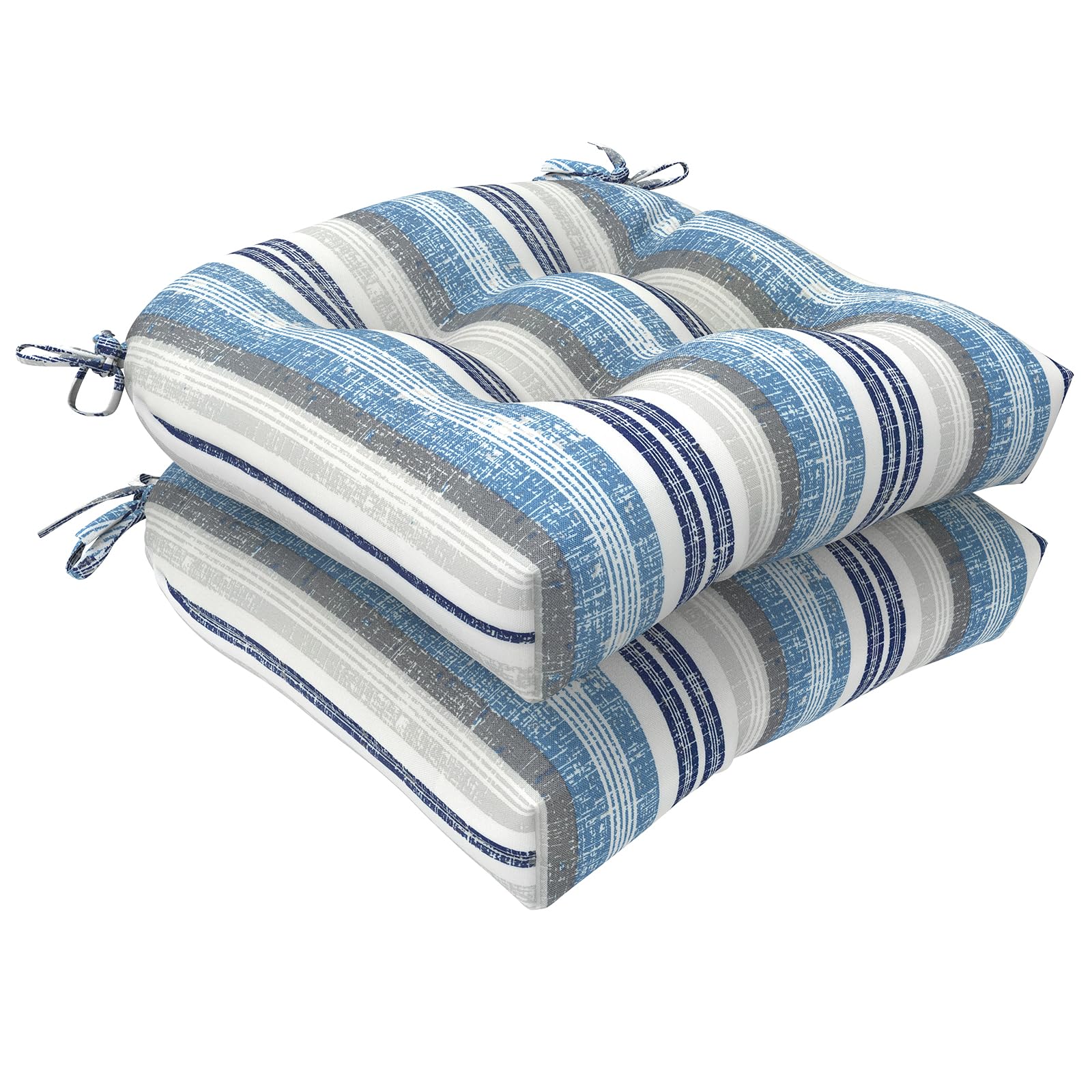 LVTXIII Patio U-Shaped Wicker Seat Cushion front view, Stripe Layered Blue