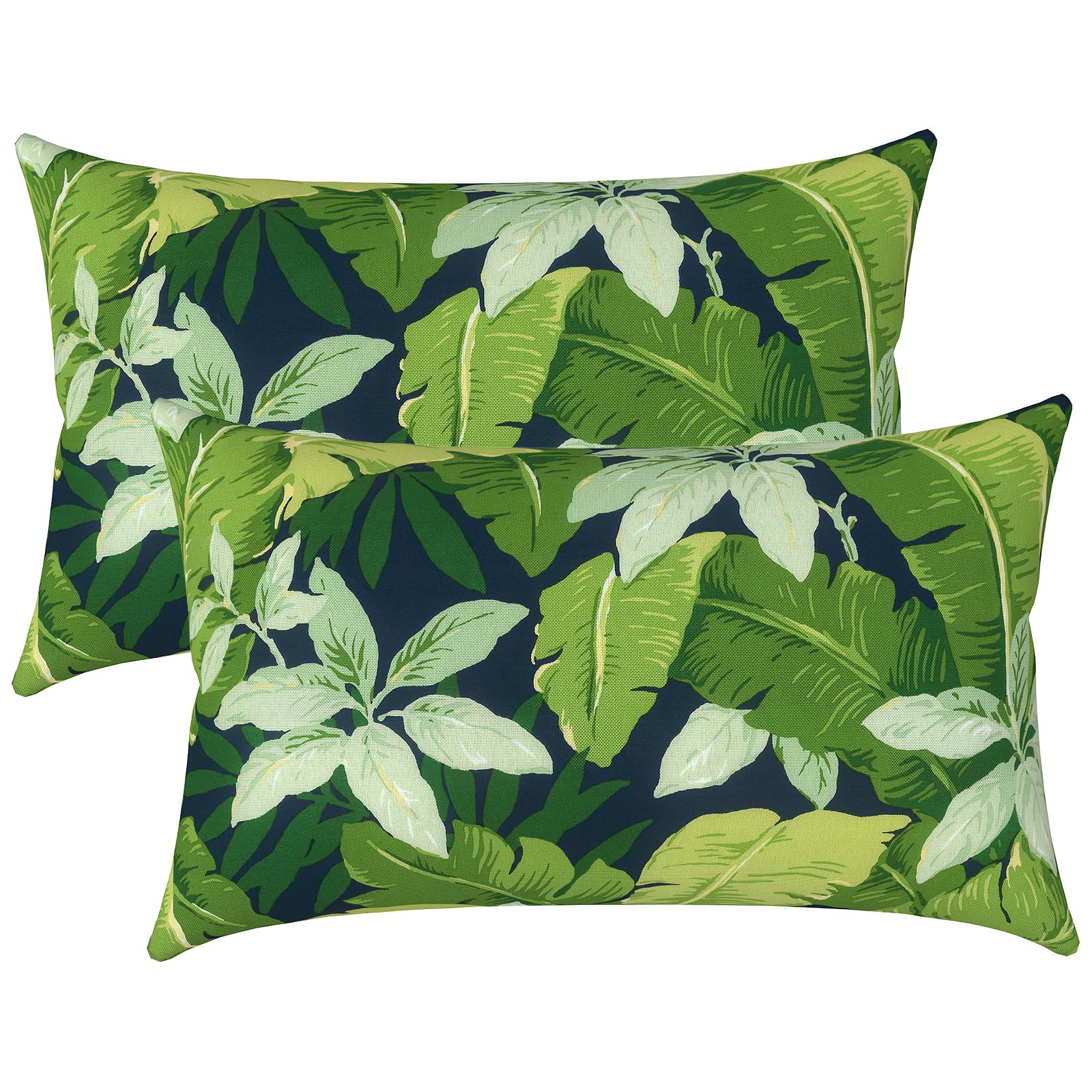 LVTXIII Set of 2 Outdoor Lumbar Pillows in Jungle Leaves pattern, front view