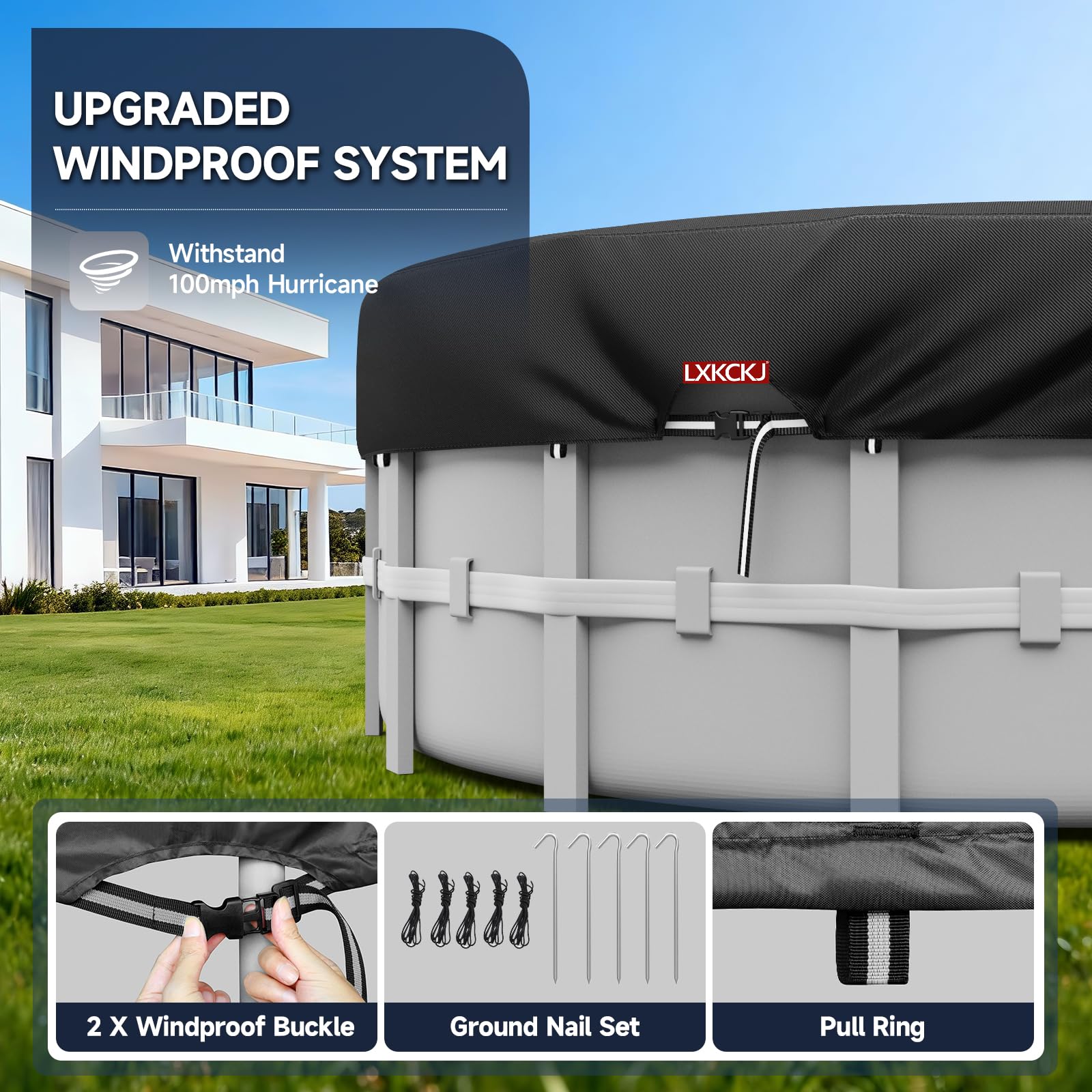 LXKCKJ 12 Ft pool cover with ground nails and ropes