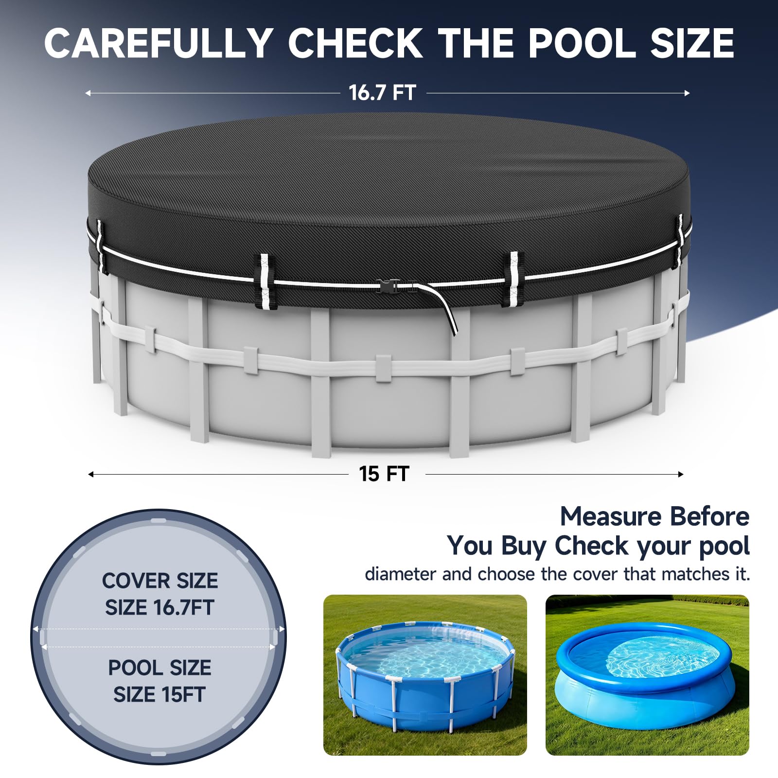 LXKCKJ 15 FT Round Pool Cover side view with reinforced pull ring