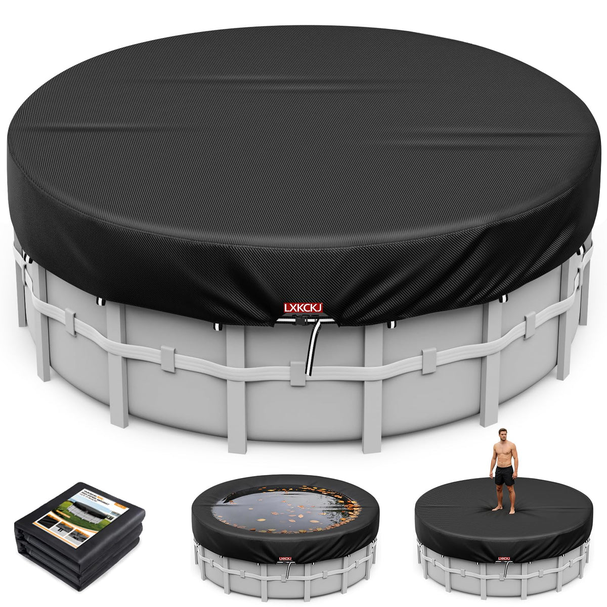 LXKCKJ 9 Ft Round Pool Cover, Black, front view