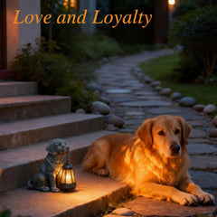 Lyeasw Dog Statue side view with solar lantern