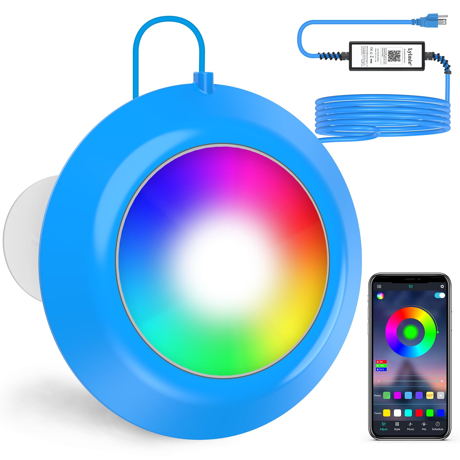 LyLmLe LED Pool Light front view with blue illumination