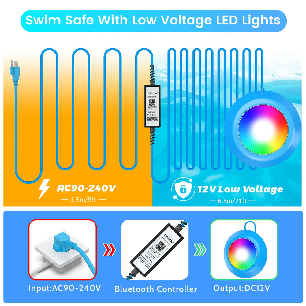 LyLmLe LED Pool Light with app interface on smartphone