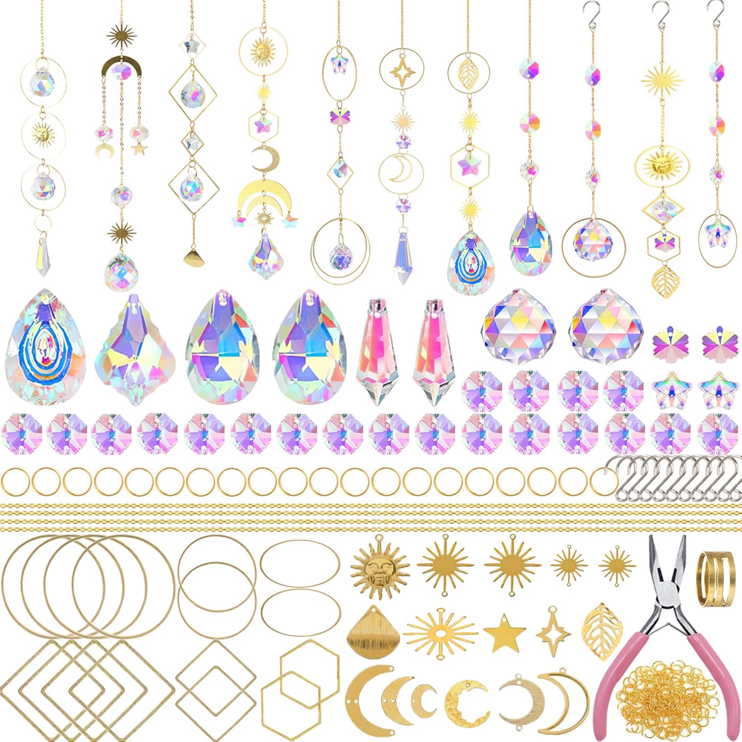 Lyukii DIY Suncatcher Kit contents with various crystal shapes