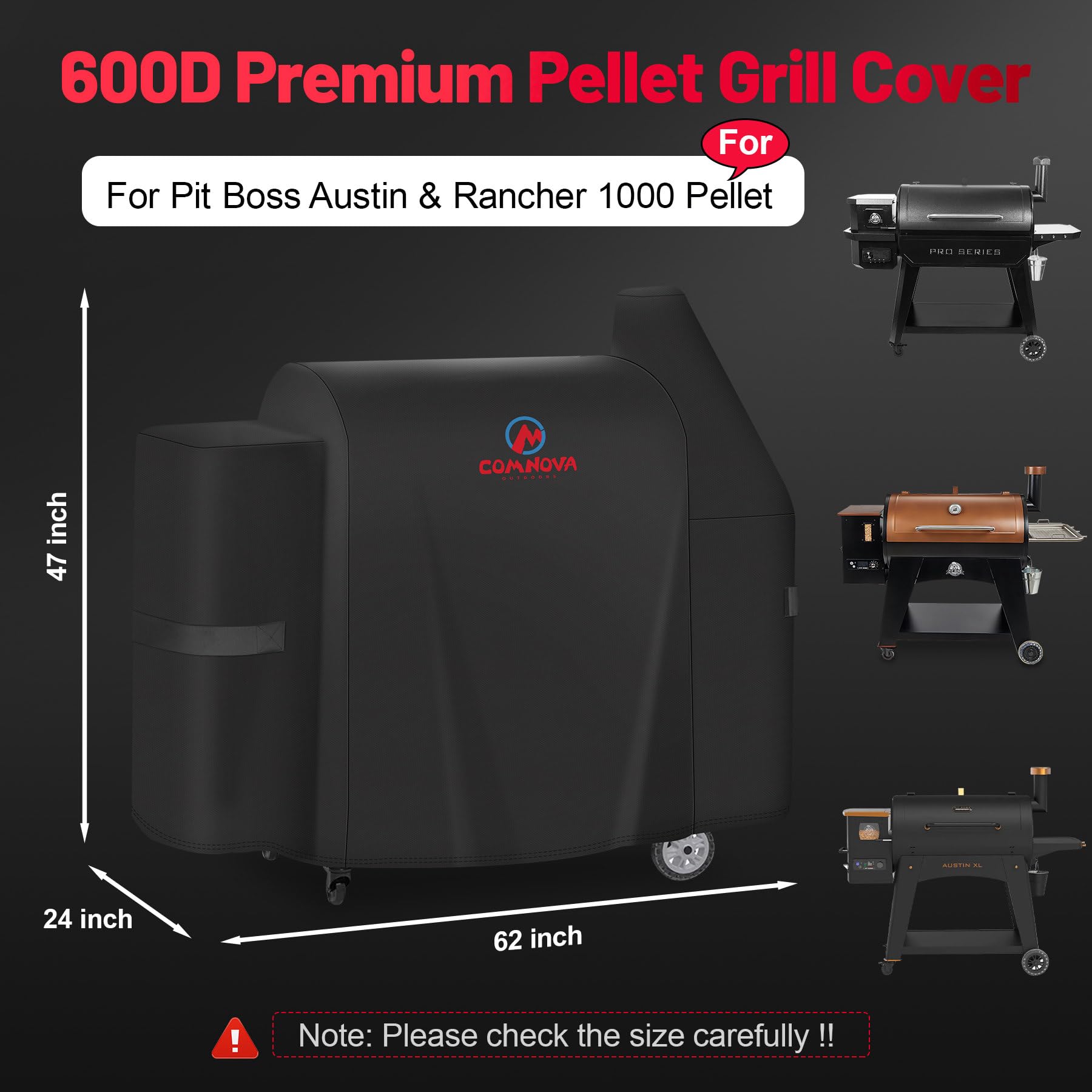 M COMNOVA OUTDOORS grill cover black fabric with adjustable Velcro straps
