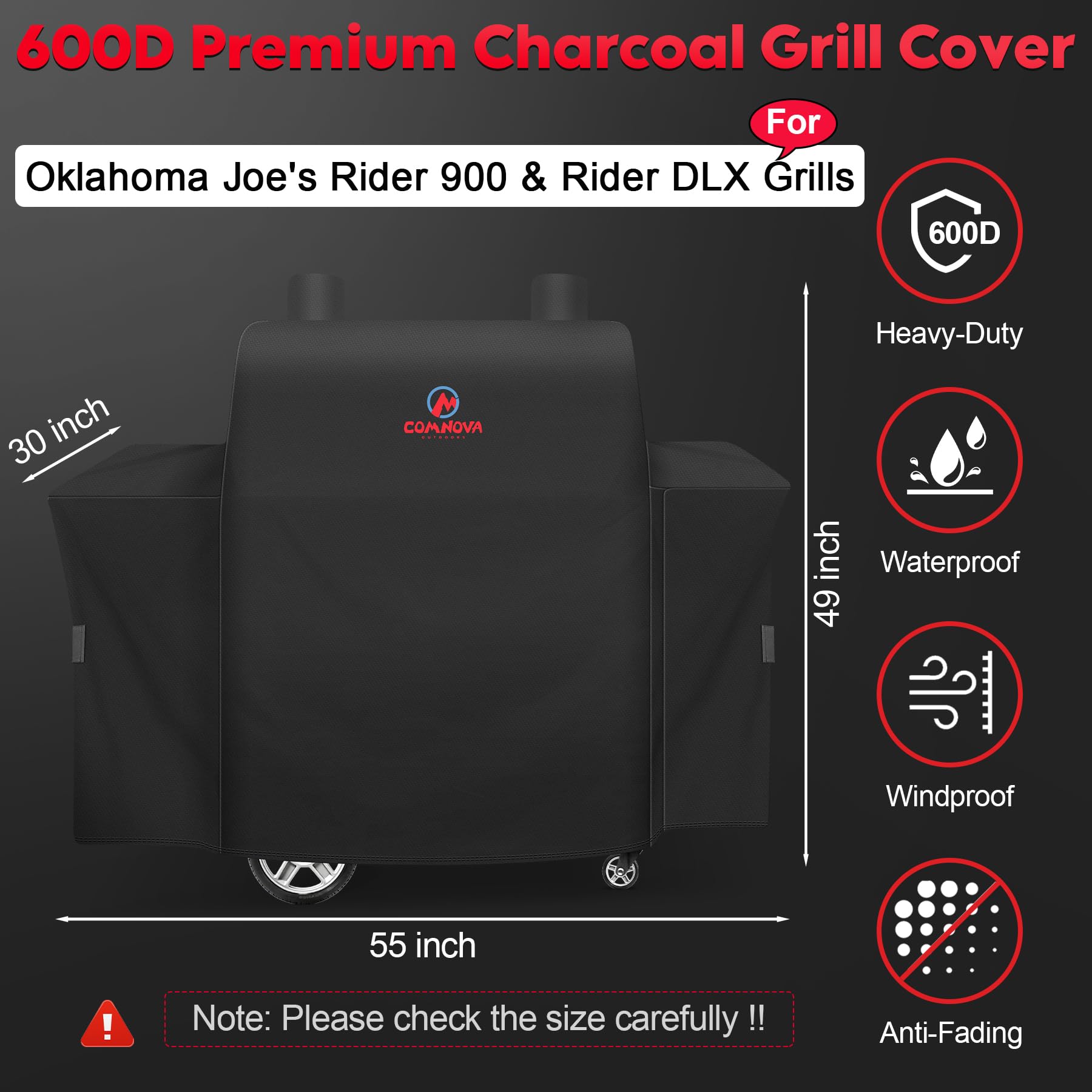 M COMNOVA OUTDOORS grill cover for Oklahoma Joe's Rider 900 back view