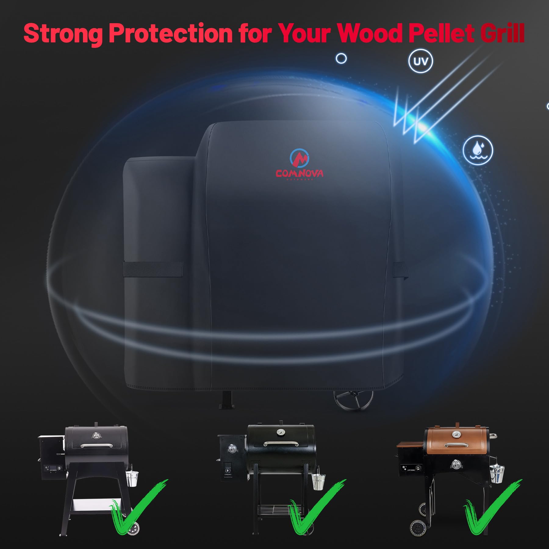 M COMNOVA OUTDOORS Grill Cover on a Pit Boss grill in outdoor setting