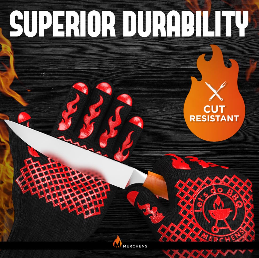 M MERCHENS BBQ Gloves displayed in protective case