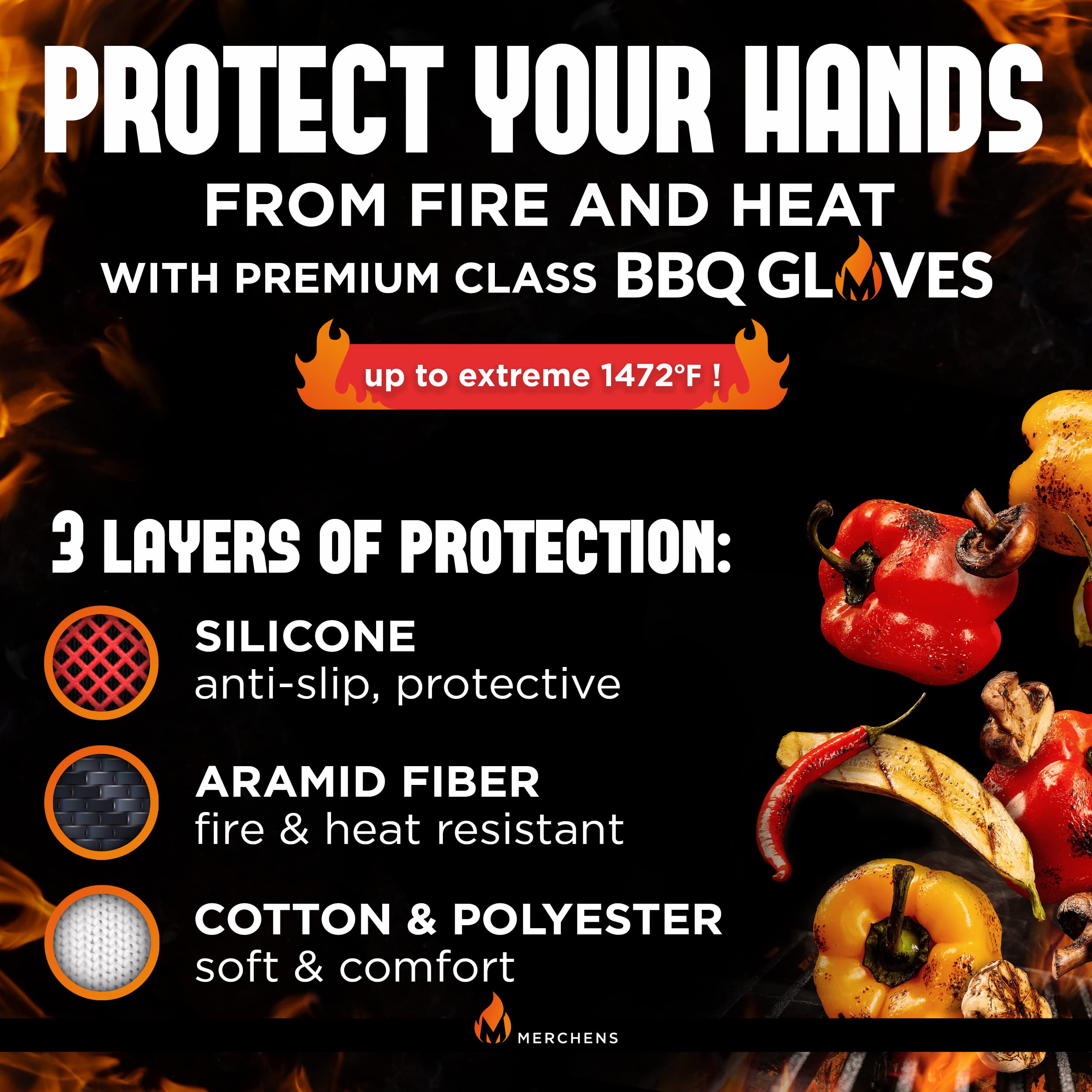 M MERCHENS BBQ Gloves on a grill during cooking