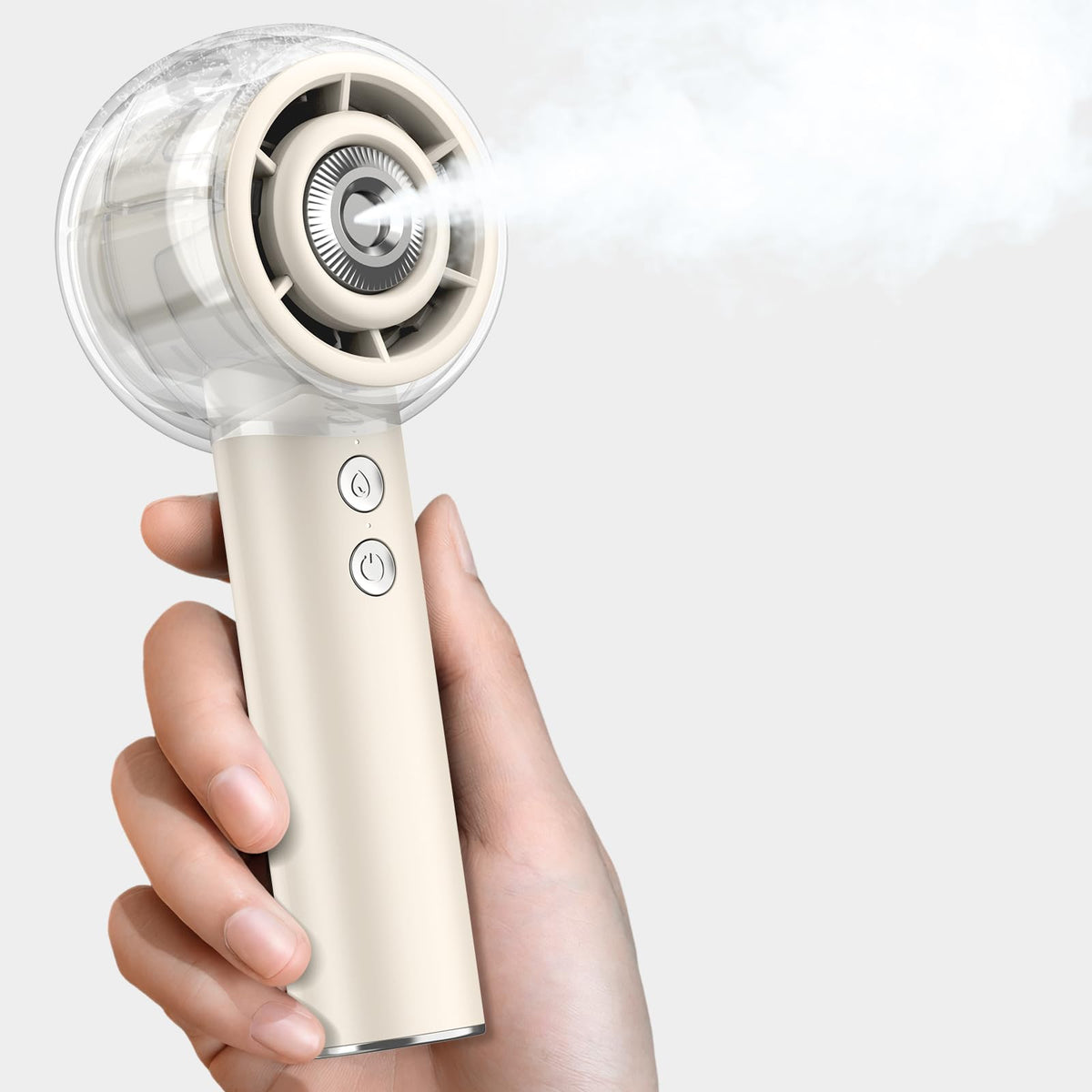 MACMORE Misting Portable Handheld Fan in white with water bottle