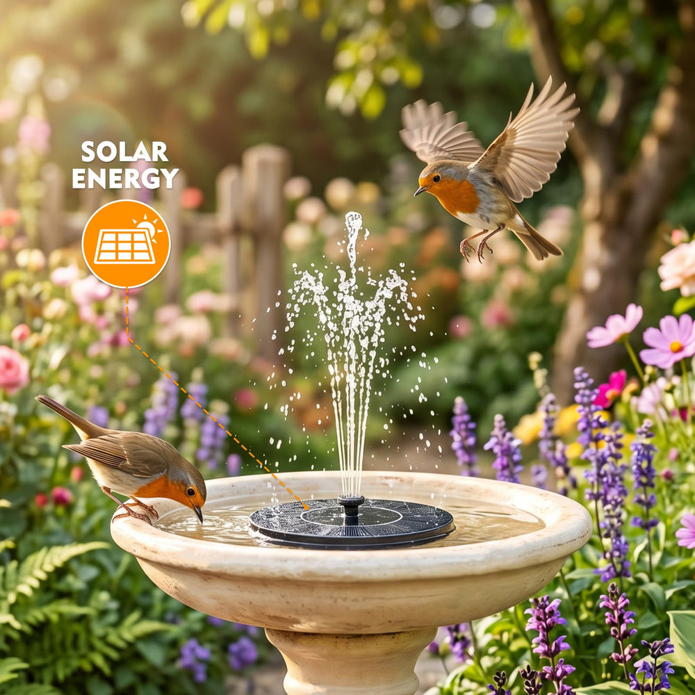 Mademax Solar Fountain in a bird bath outdoors