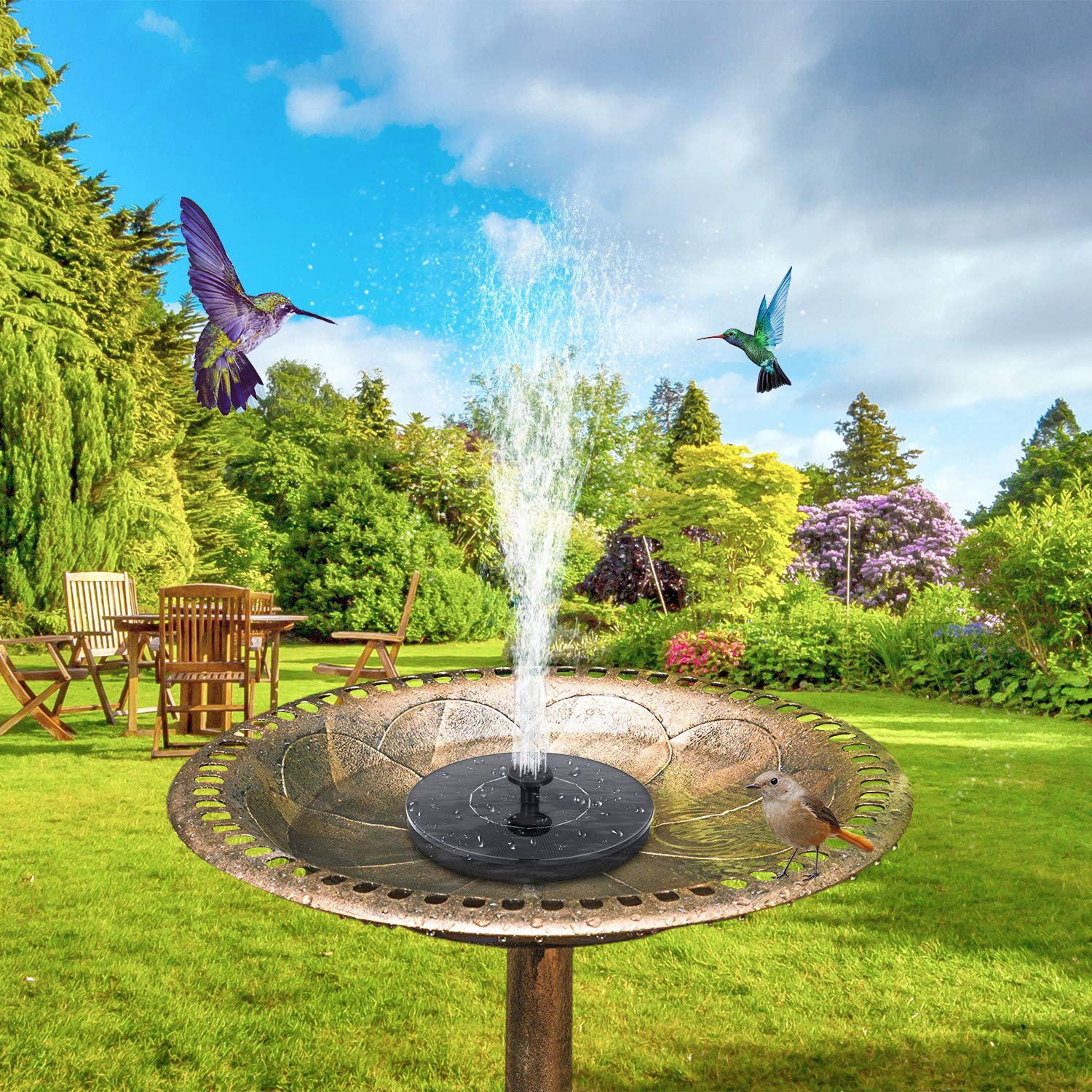 Mademax Solar Fountain in bird bath with water spray