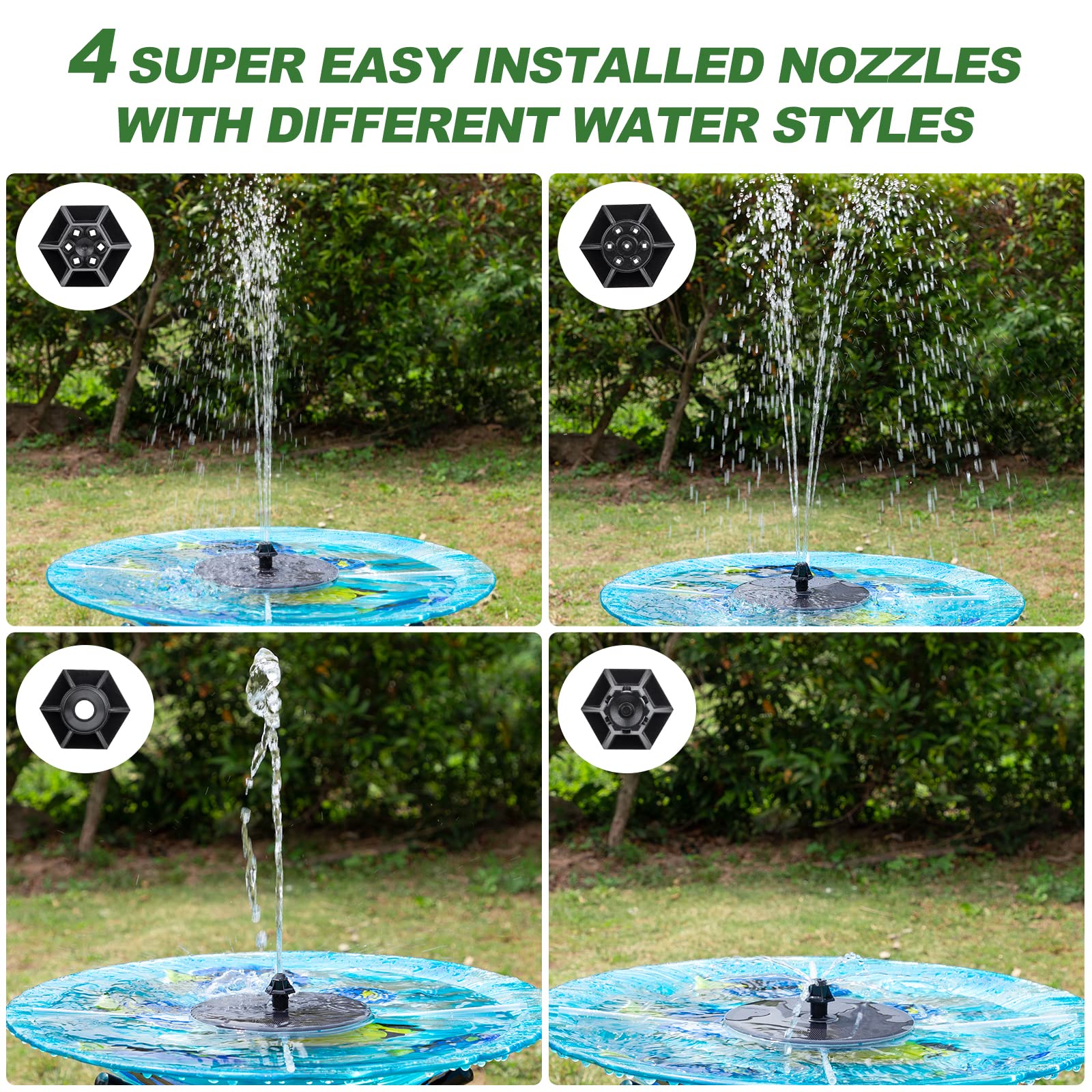 Mademax Solar Fountain Pump showing 4 interchangeable nozzles