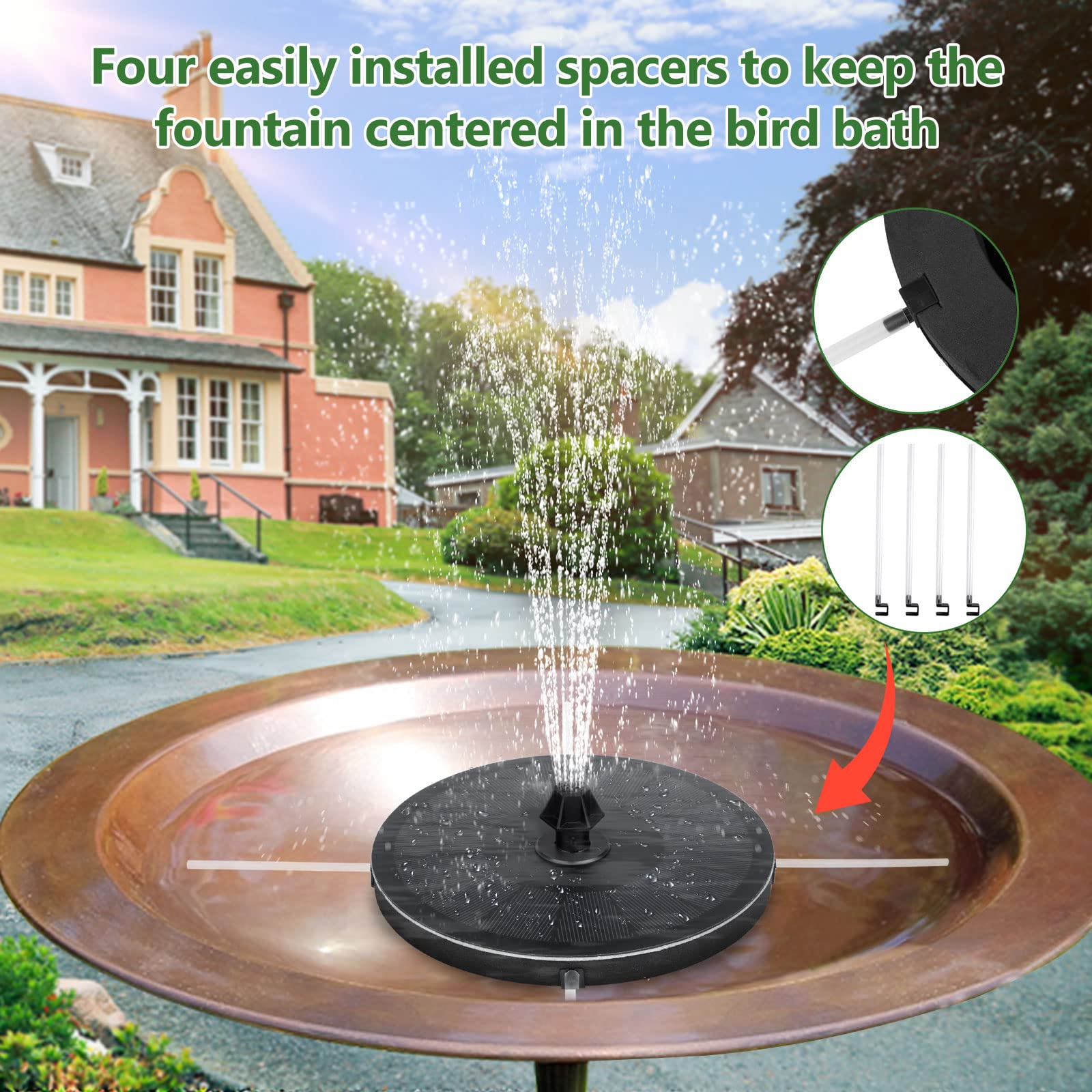 Mademax Solar Fountain Pump with water spray in a bird bath