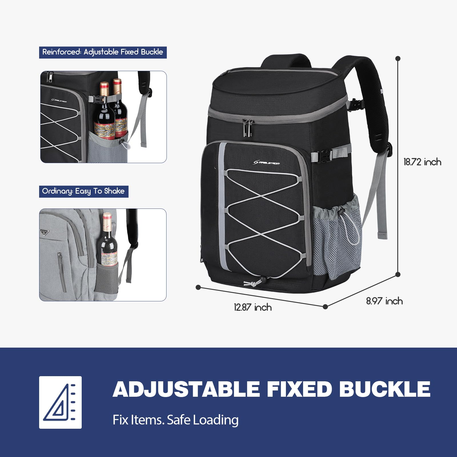 Maelstrom cooler backpack with bottle opener on shoulder strap