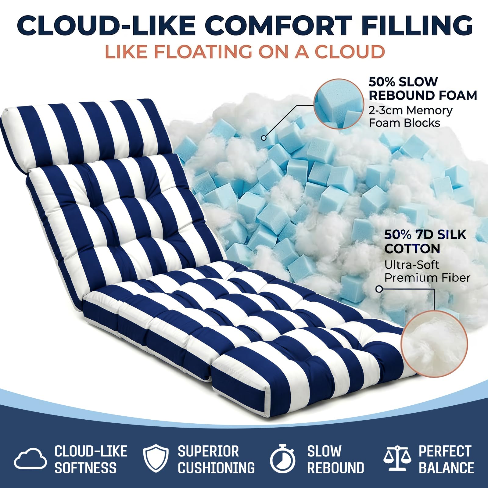 MAGIC ELEPHANT Chaise Lounge Cushion Navy Stripe on patio