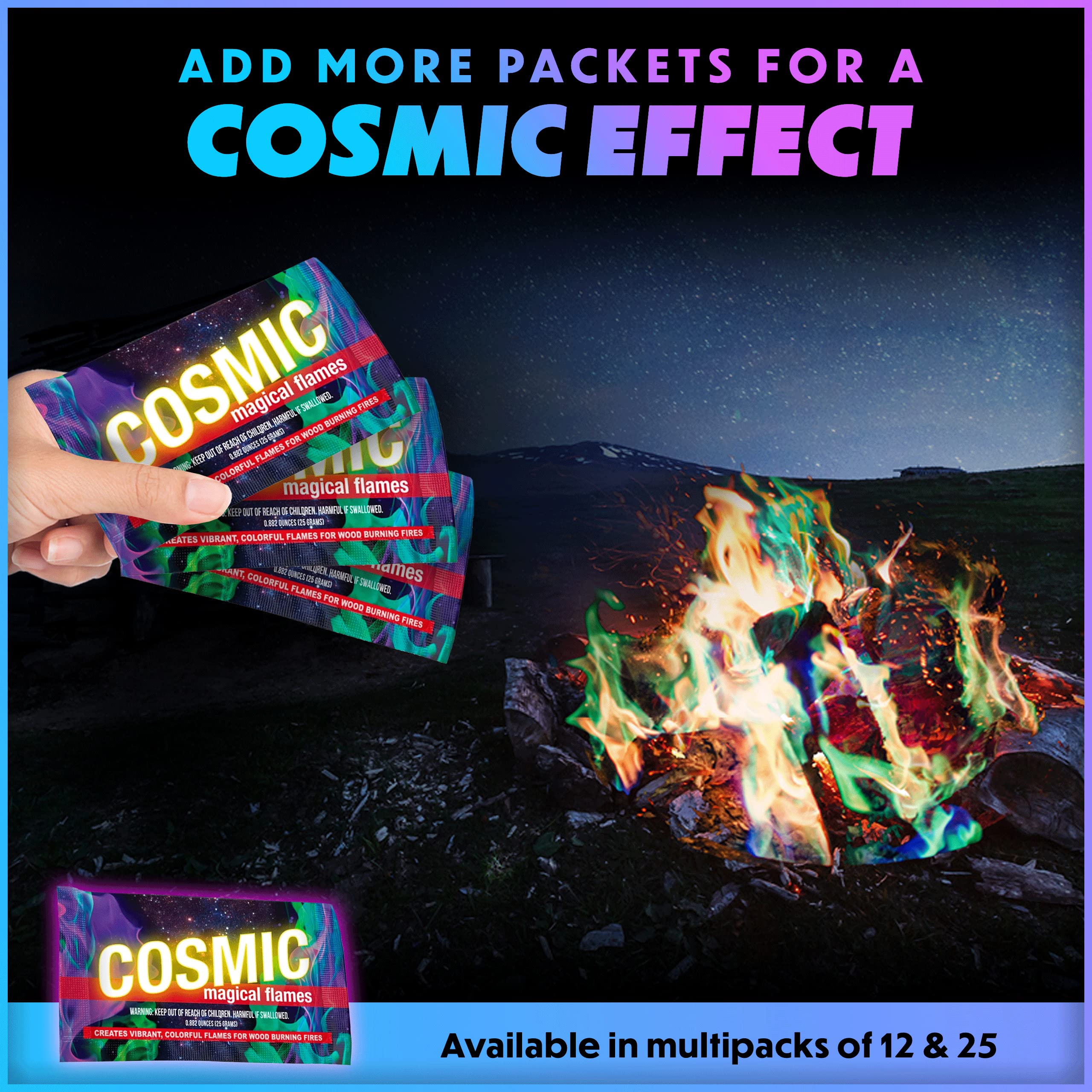 Magical Flames Fire Color Packets in use at a backyard bonfire